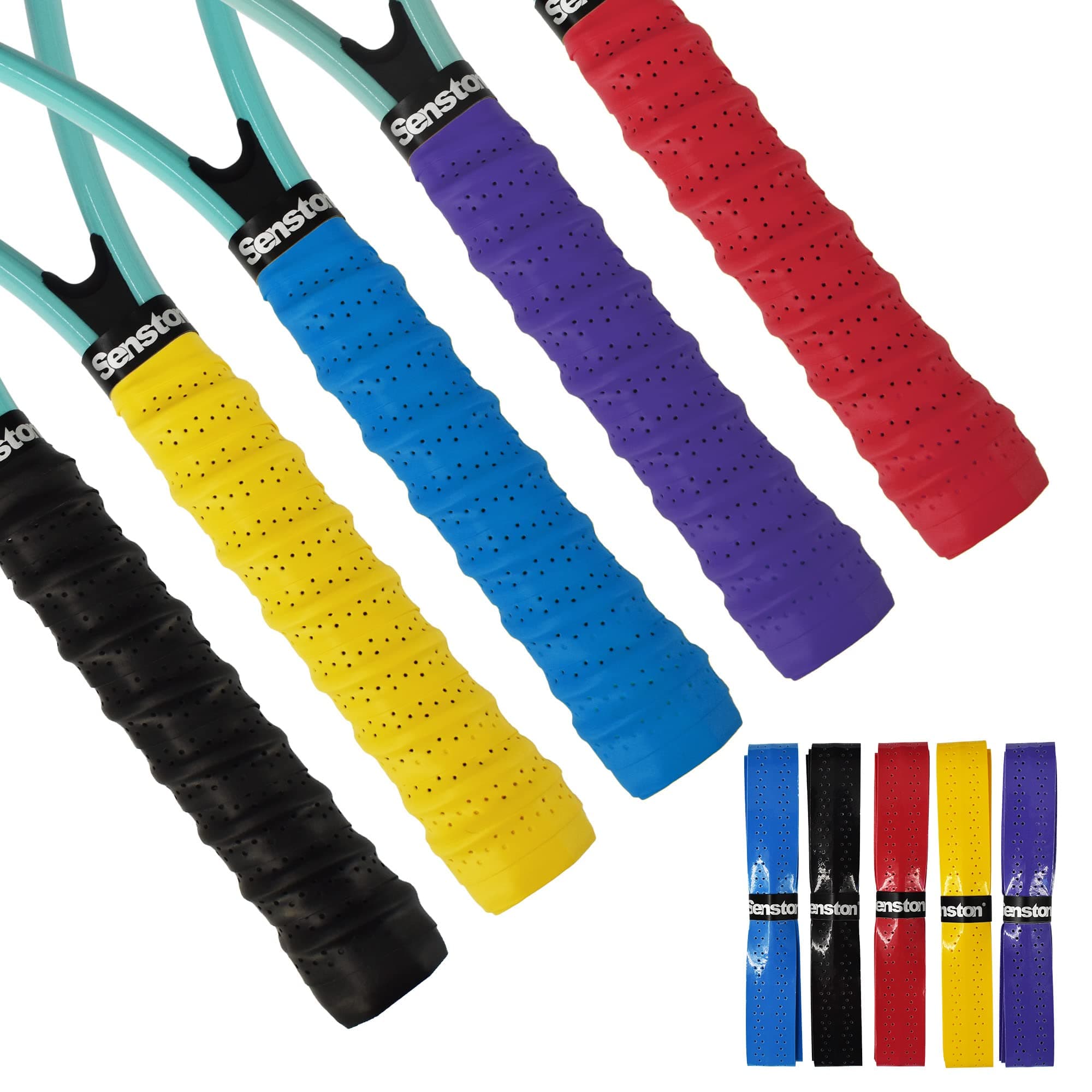 - Senston Tennis Racket Grip Anti Slip Perforated Super Absorbent Badminton Racquet Overgrip Tape, Multicolour 5 Pack