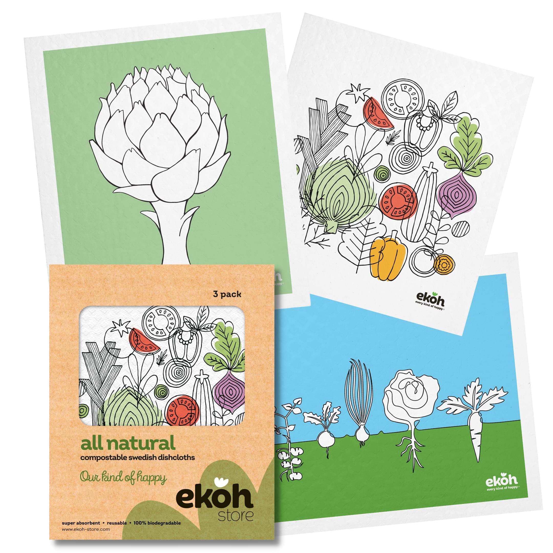 EKOH Swedish Dishcloths for Kitchen Set of 3 - Dish Cloths for Washing Dishes - Eco Sponge Cloth - Absorbent Cleaning Cloths - Reusable, Washable, Biodegradable - Spring Garden Mix Prints