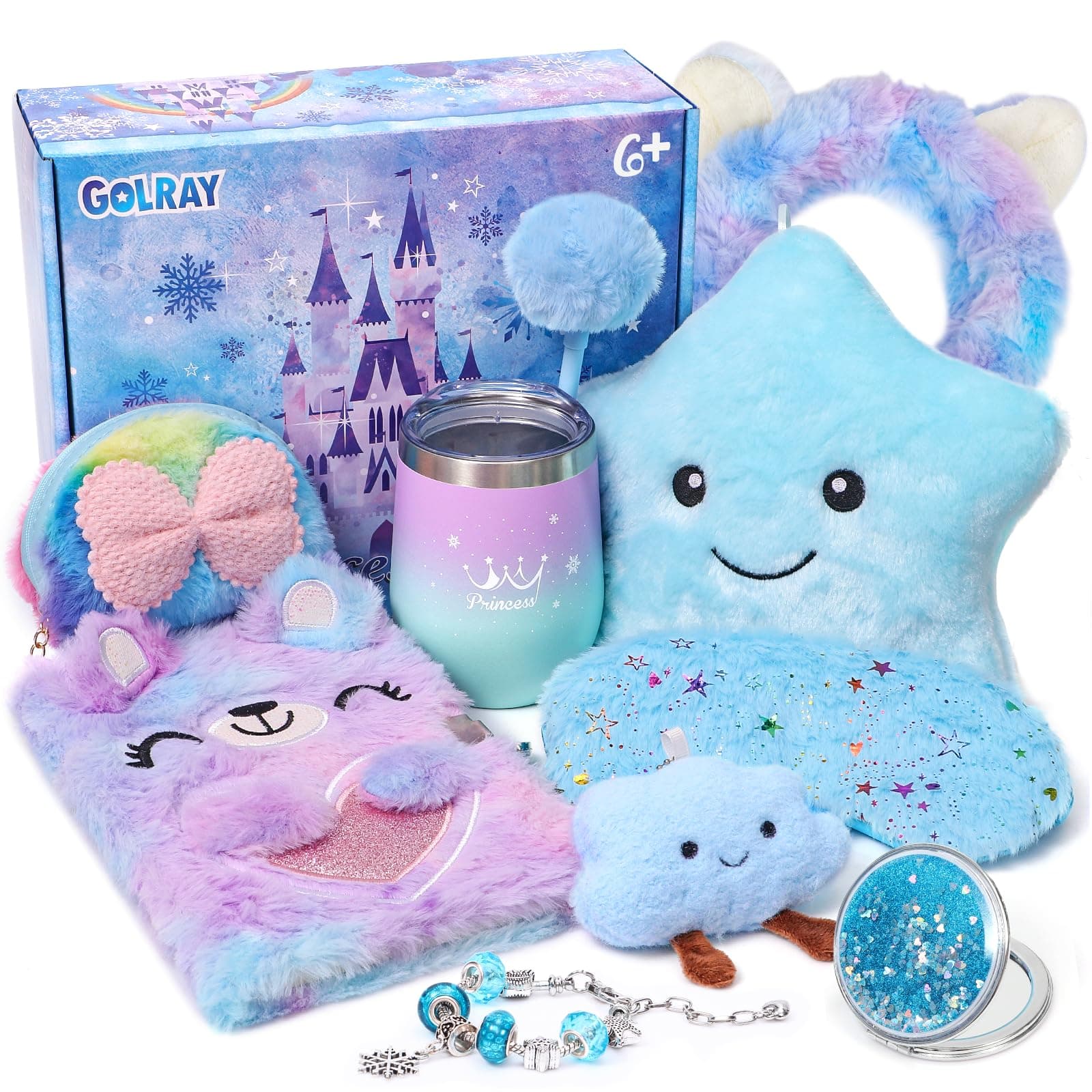 Golray Frozen Toys Girls Kids Elsa Gift 6 7 8 9 10 Years Old, Light Up Pillow Stationery Plush Lock Diary Water Cup Fluffy Teen Princess Toy Christmas Birthday Gift Girl Age 6+, Stainless Steel