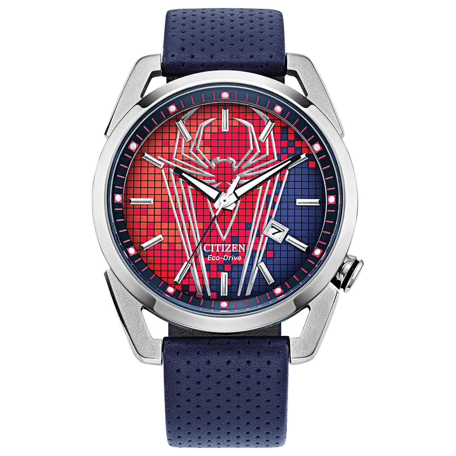 Citizen Eco-Drive Men's Marvel Spider Man Watch in Stainless Steel with Blue Polyurethane Strap, Spider Man Art Blue Dial, 3-Hand Date, 42mm (Model: AW1680-03W)
