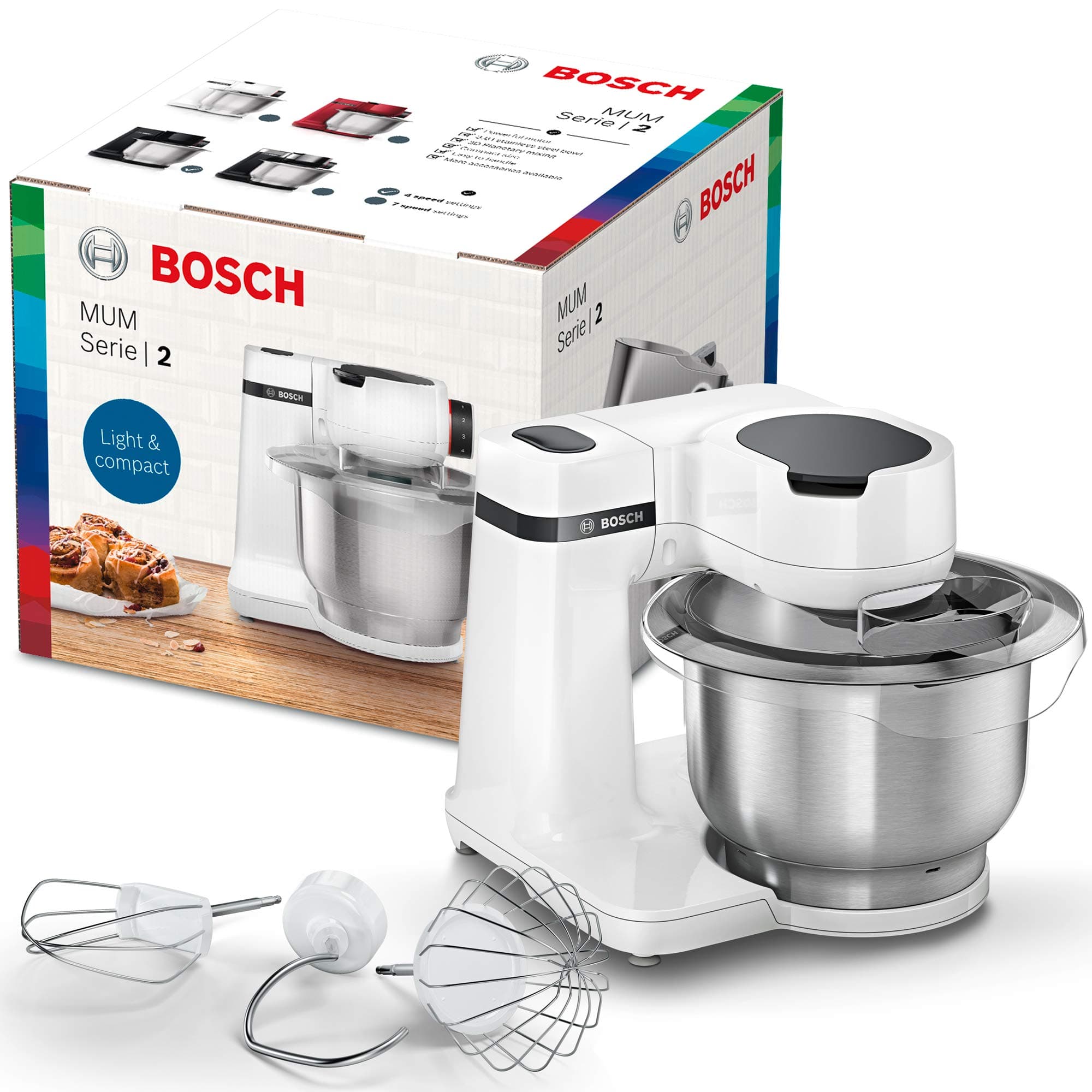 Bosch Serie 2 MUM food processor 3.8 L White 700 W Serie 2 MUM, 3.8 L, White, Buttons, 2.4 kg, 1.7 kg, 1.1 m,MUMS2EW00