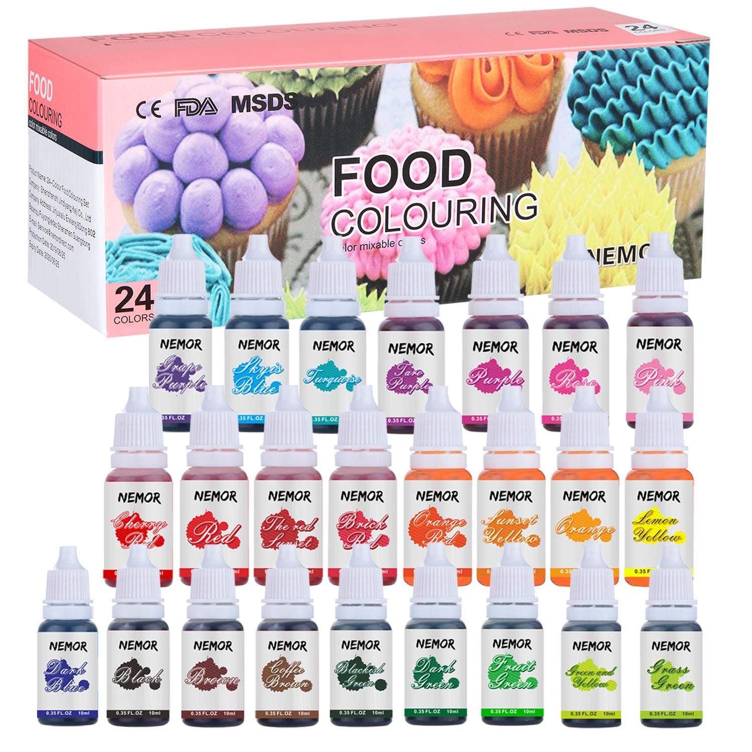 Nemor Food Colouring-24 Colour x 10ml Concentrated Liquid Cake Colouring Set for Baking, Decorating, Icing and Cooking-Rainbow Food Airbrush Dye for DIY Slime and Crafts Making Kit- 10ml Each