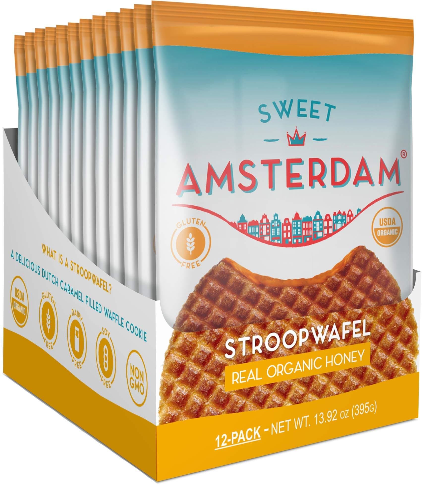 Sweet Amsterdam Stroopwafel | Waffles meet Cookies | Gluten & Dairy Free Snacks | Gluten Free Cookies, Gluten Free Waffles, Waffle, Cookie, Biscuits & Wafer Snacks | Real Organic Honey | 12-PACK