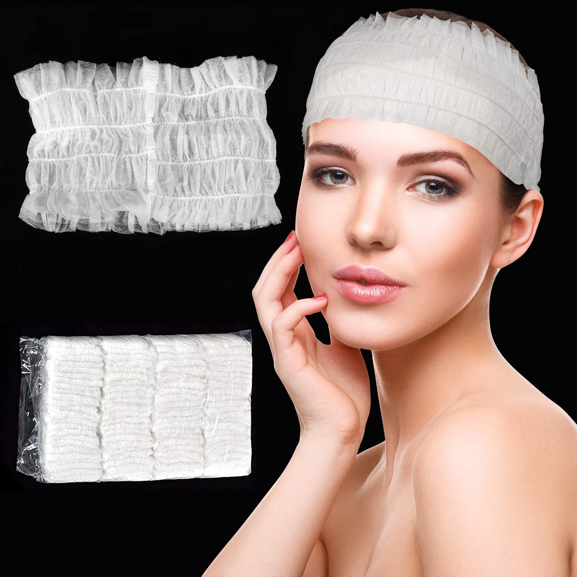 RONRONS 100 Pieces Disposable Spa Headbands, Soft Non-woven Facial Cloth Stretch Skin Care Hair Band, Professional Salon Makeup Sauna Essential Supplies for Women, White