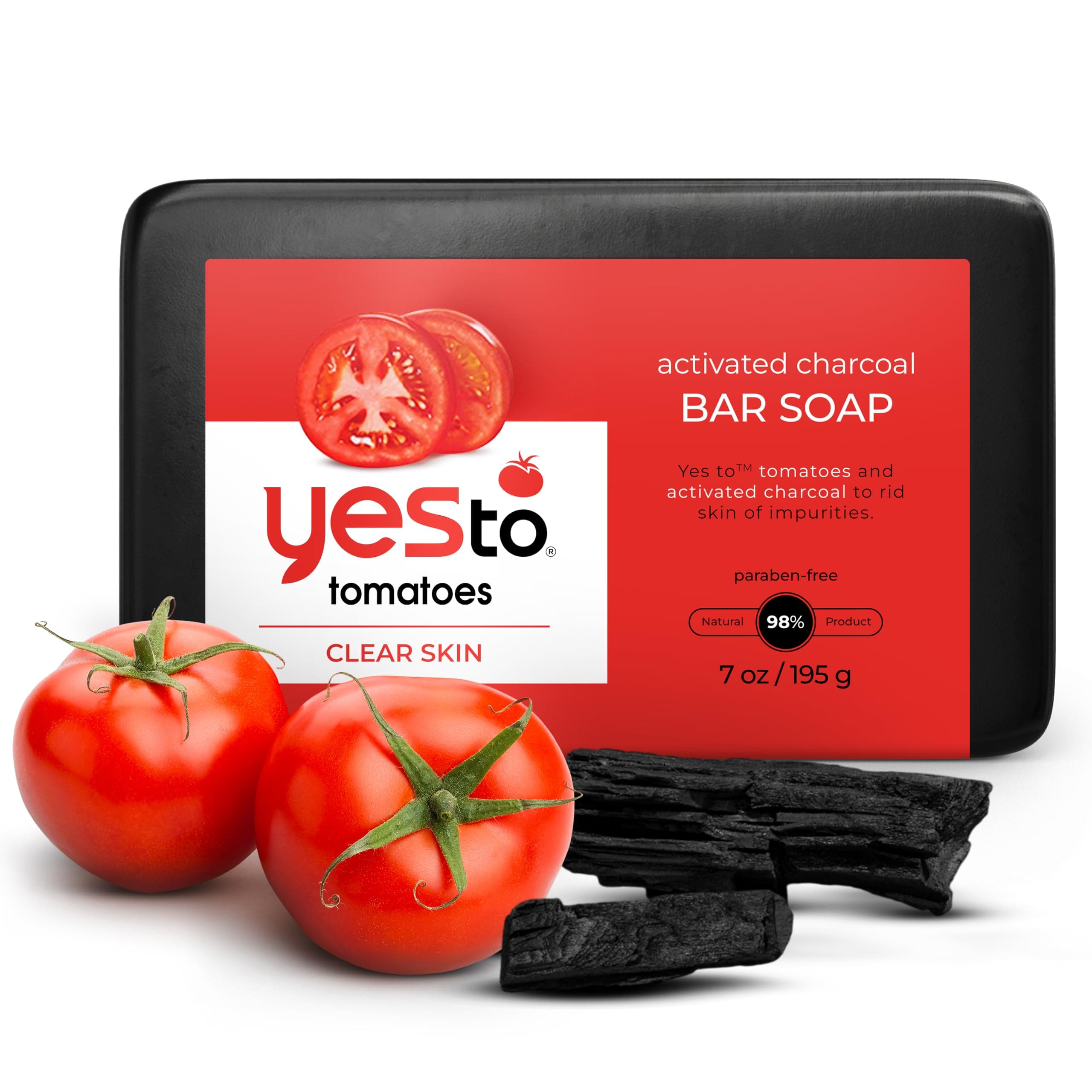 Yes To Tomatoes Charcoal Bar Soap with Tomato Extracts & Sunflower Seed Oil - Detoxifying Face & Body Soap for Men, Women, and Teens, 6 oz - Paraben-Free