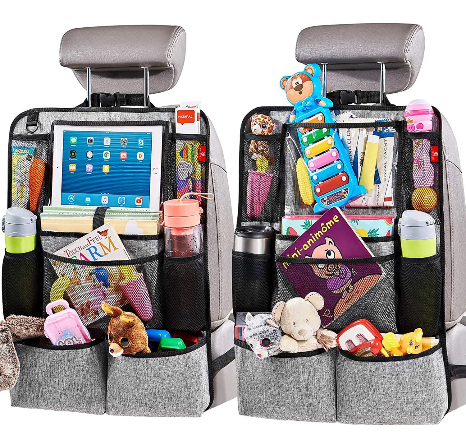 Helteko Backseat Car Organizer, Kick Mats Back Seat Protector with Touch Screen Tablet Holder, Organizer for Kids, Travel Accessories, Mat 9 Storage Pockets 2 Pack
