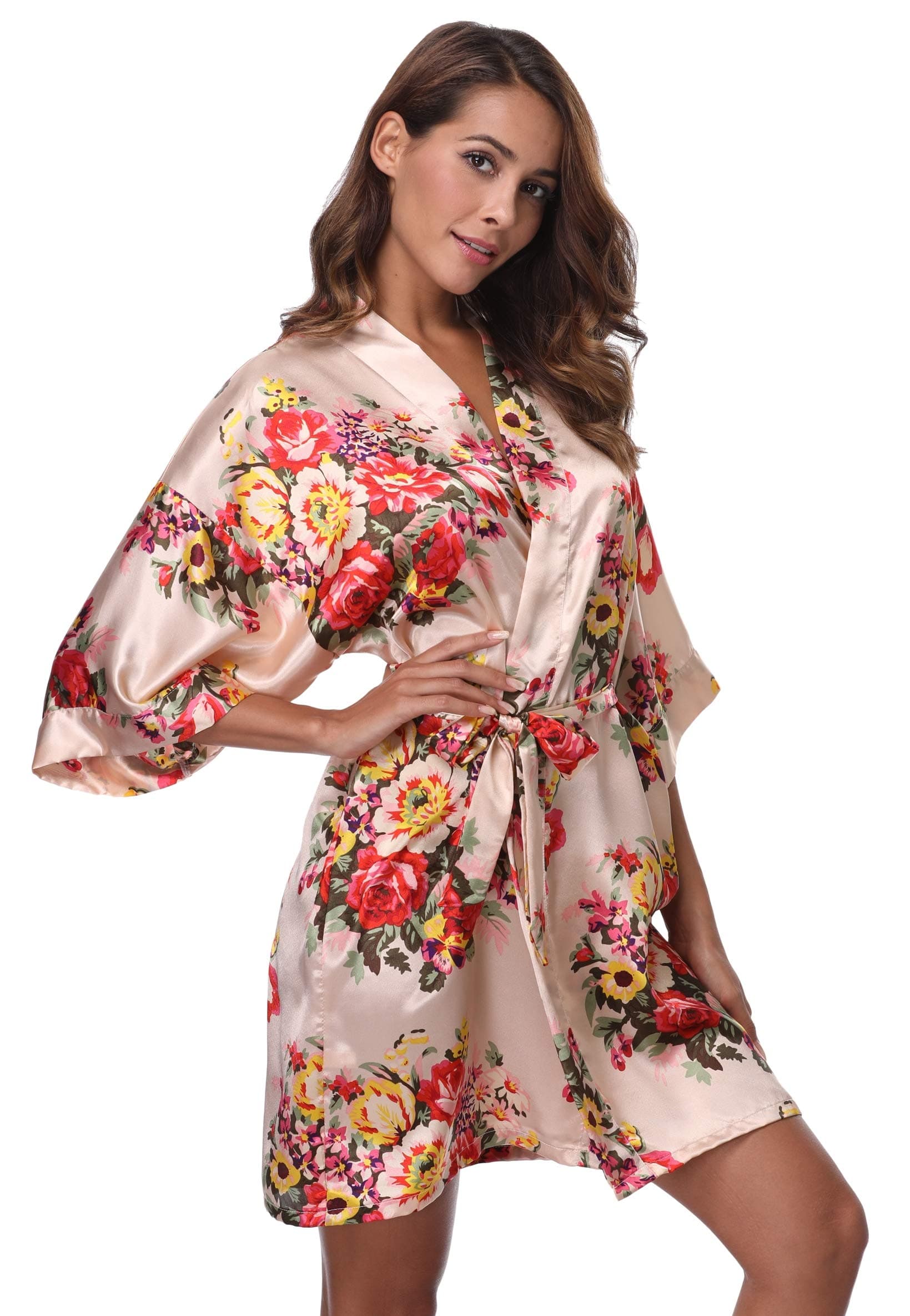 Feelia Women's Silky Bathrobe Short Sleepwear Satin Robe Floral Kimono for Wedding Party Getting Ready