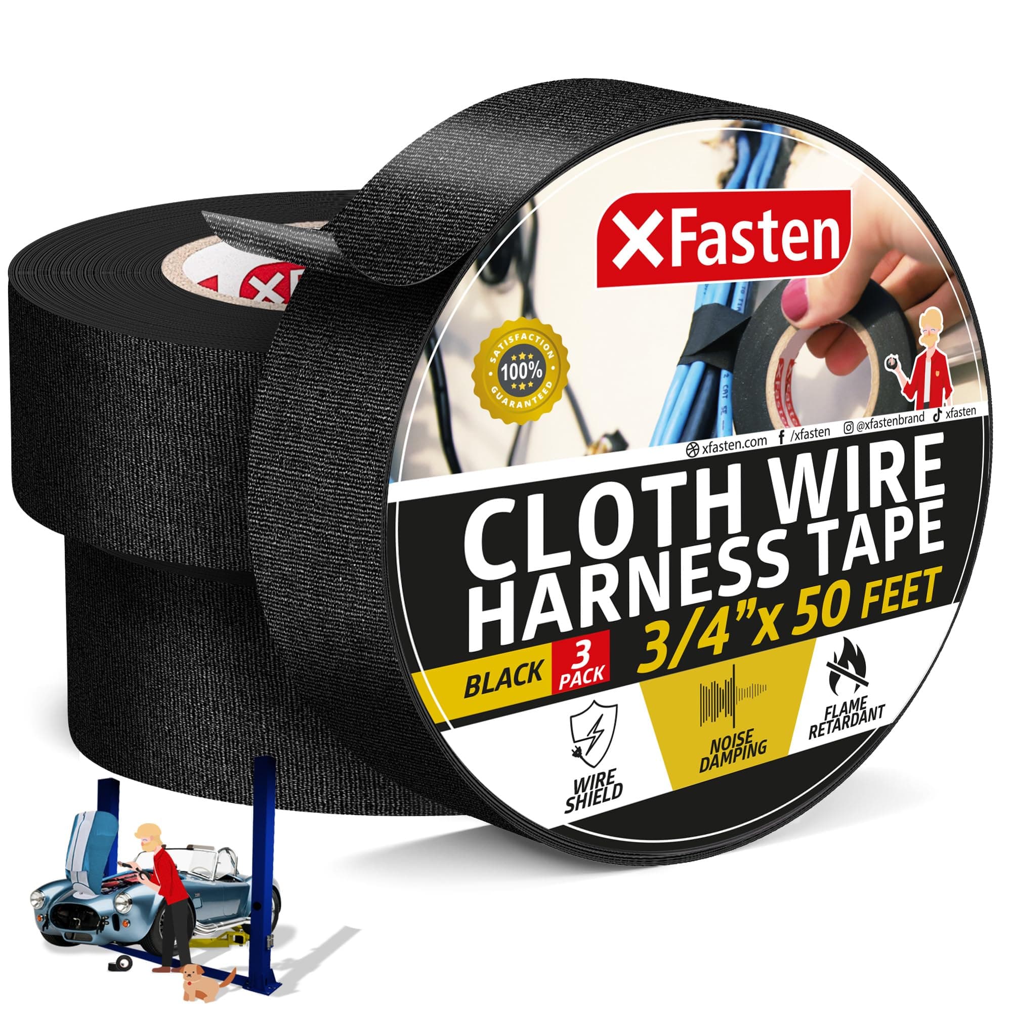 XFasten Wire Harness Tape, 3/4-Inch by 90-Foot (19.05mm x 27.43m) (3-Pack)