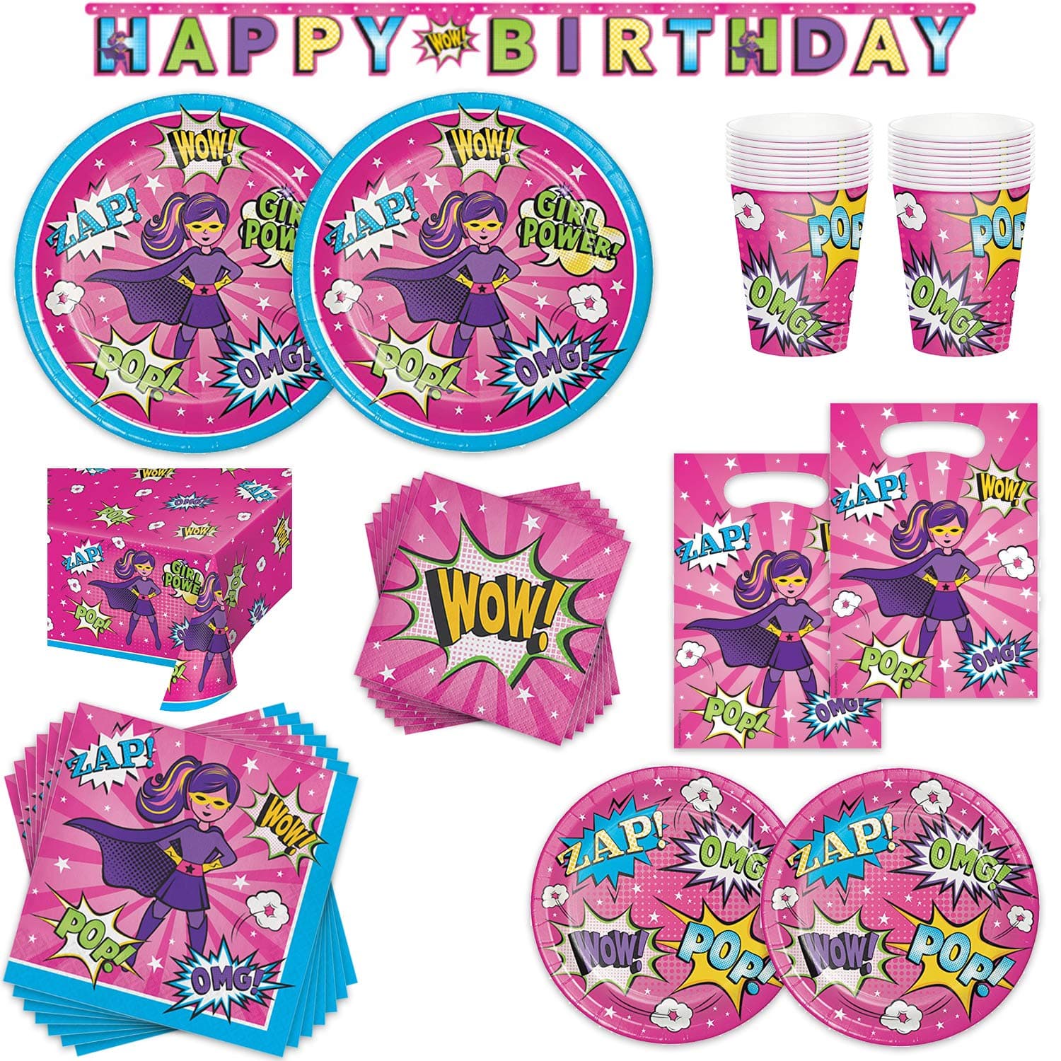 Superhero Girl Birthday Party Supplies Bundle - 16 Guest - Dinner Plates, Dessert Plates, Lunch Napkins, Beverage Napkins, Cups, Table Cover, Banner & Treat Sacks