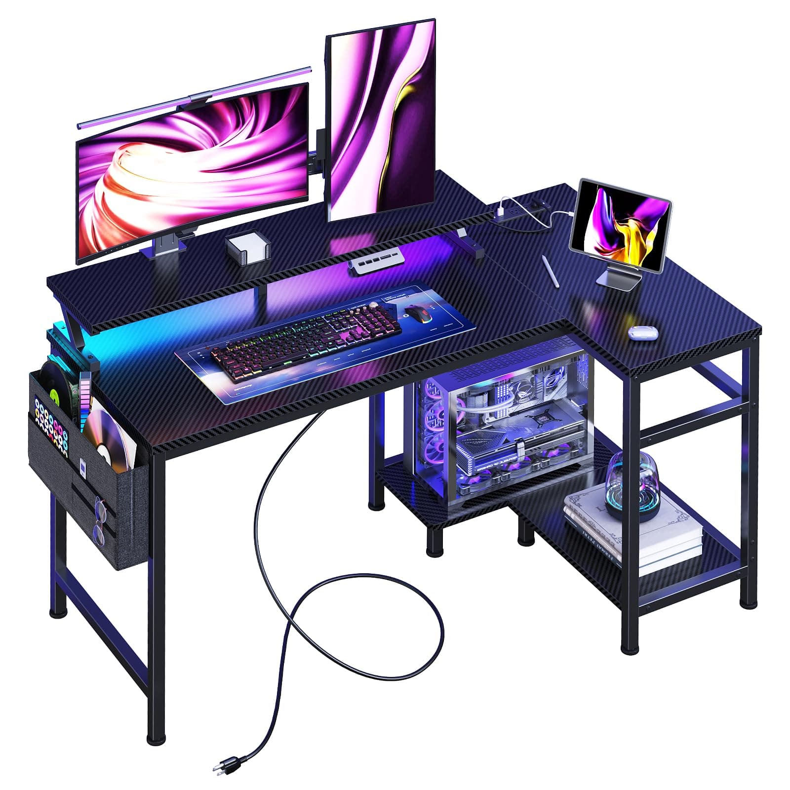 DUMOS Gaming Desk, Computer Desk with USB Charging Ports, Power Outlets, Type-C and LED Lights, Reversible L Shaped Desk with Storage Shelves & Monitor Stand for Office, Gaming Room Black 40IN