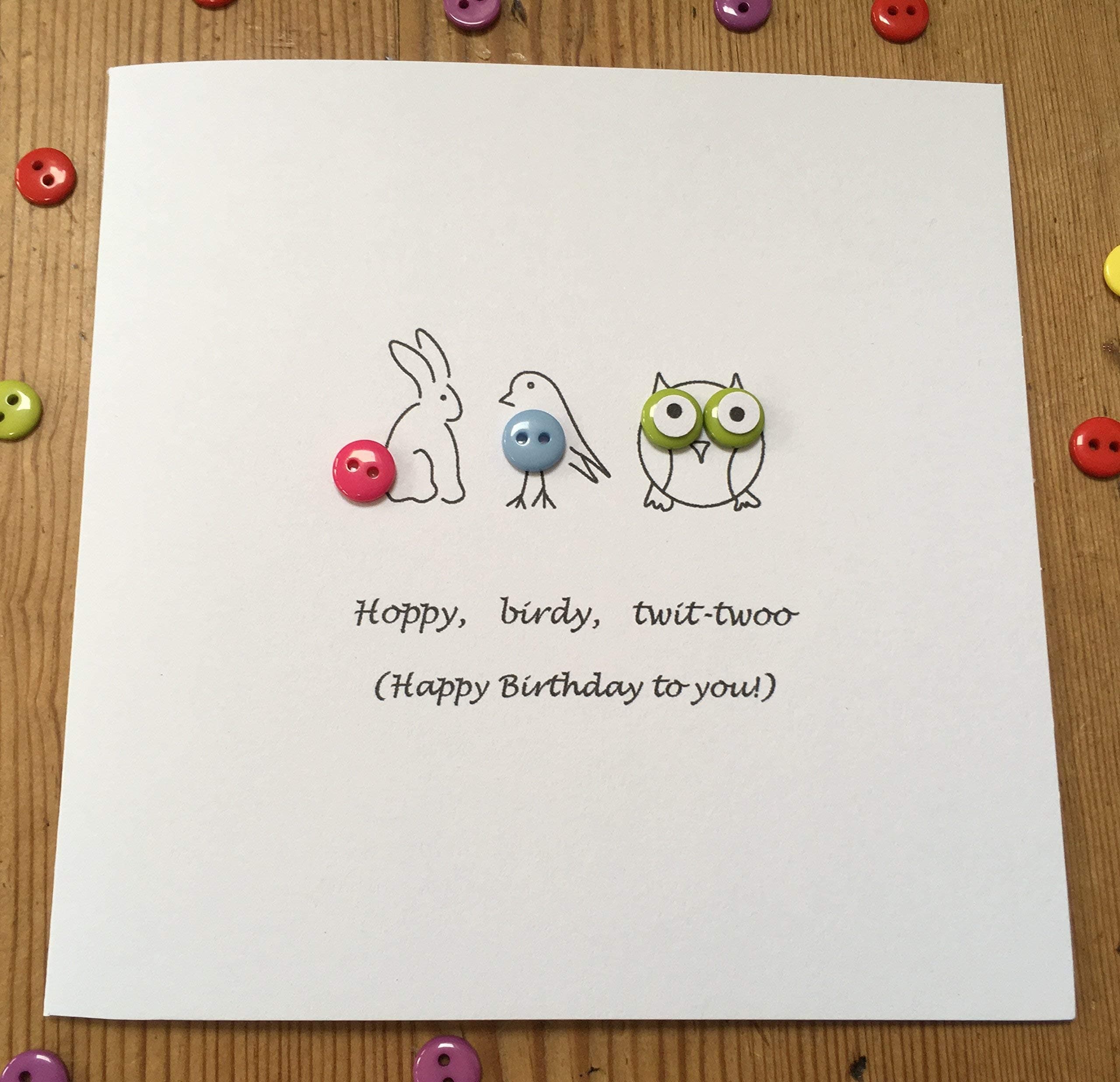 Hoppy, Birdy, Twit-twoo Birthday Card, Bunny, Bird and Owl Card with buttons - Funny Birthday Card - Paper Handmade Greeting Card