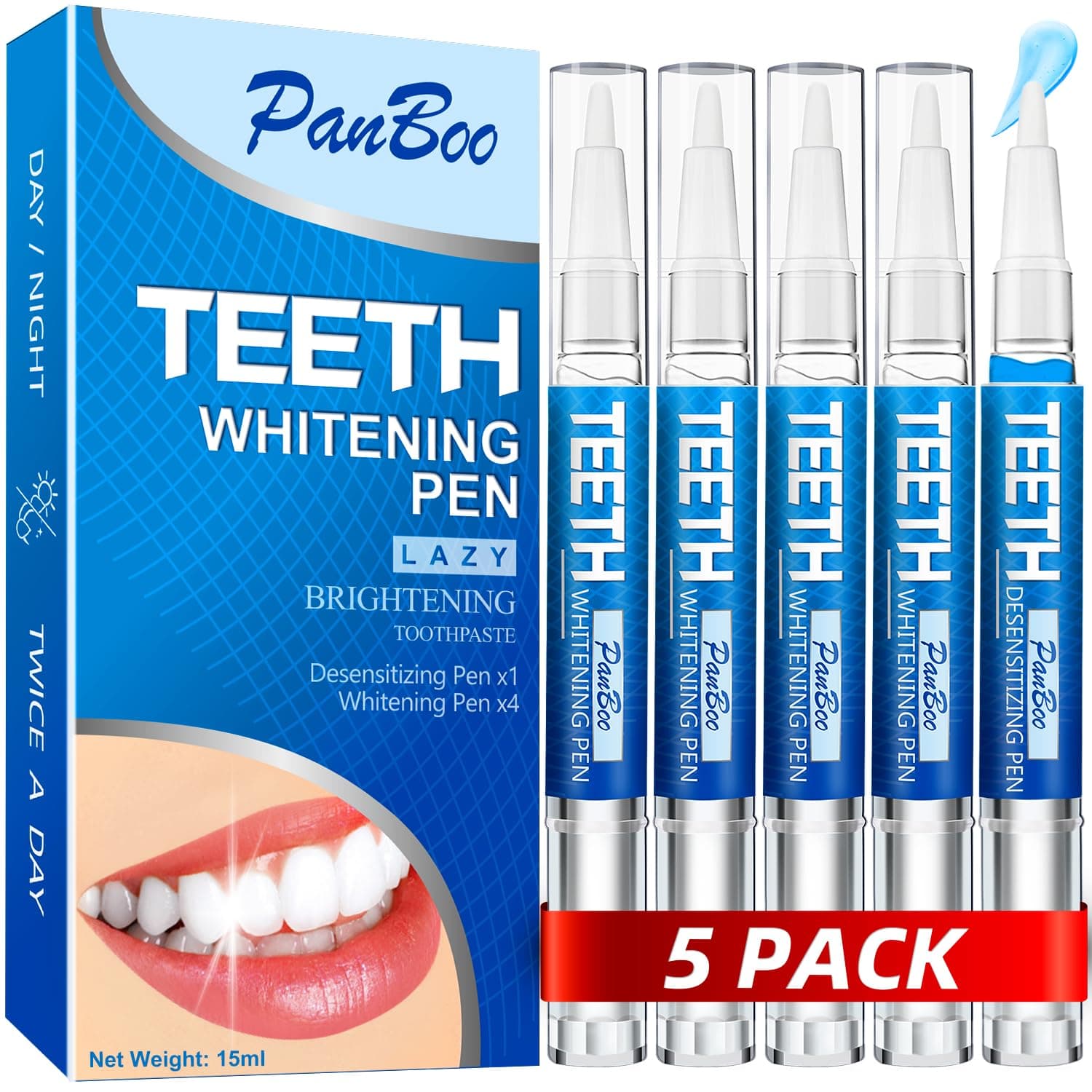 Teeth Whitening Pen 4+1(5 Pack), 70+ Treatments, Use Twice a Day Up to 1-6 Shade Whiter in 1-2 Weeks, 4 Whitening Pens plus 1 Desensitizing Pen, Effective, Painless and Enamel Safe Teeth Whitening Gel