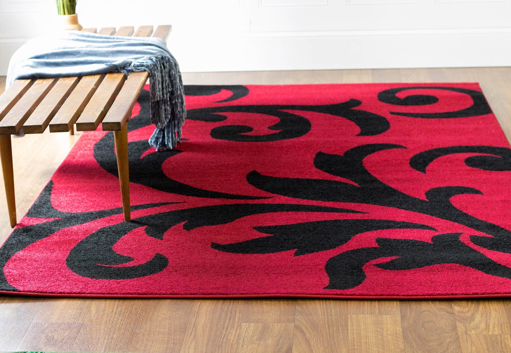 Super Area Rugs Modern Floral Damask Rug, Black & Red, 2' 7" x 7' 10"