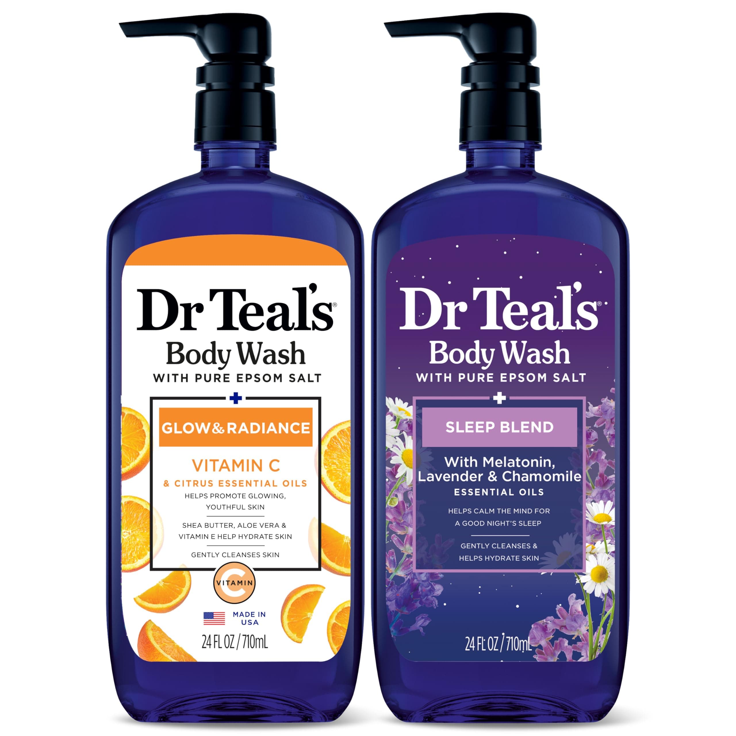 Dr Teal's Body Wash with Pure Epsom Salt, Daytime/Nighttime with Vitamin C & Sleep Blend, 24 fl oz (Pack of 2)