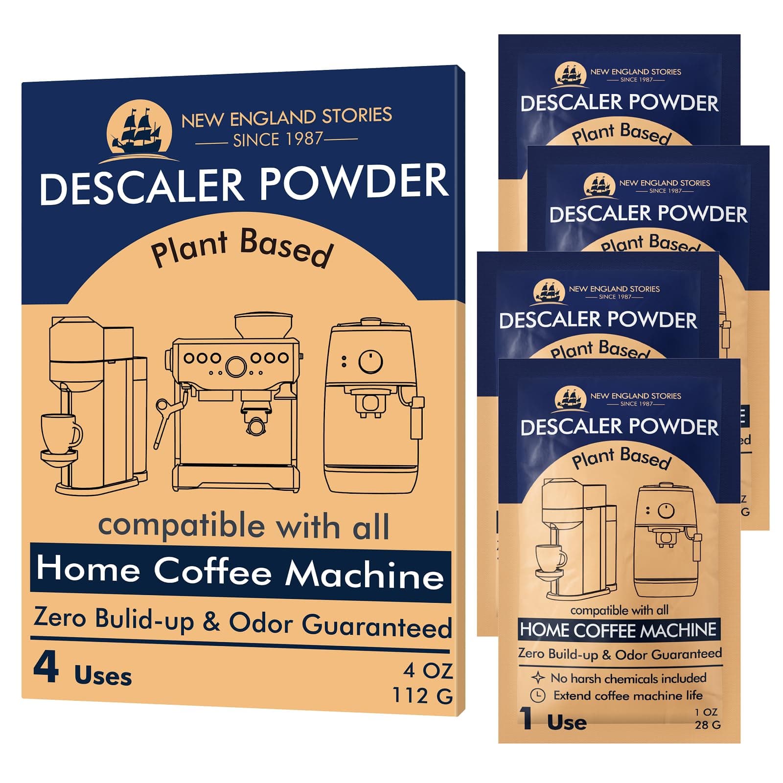 Descaling Powder Solution (4 Uses) Removes Scale and Build-Up, Automatic Coffee Pots & Makers & Espresso Machines Descaler, Compatible with Keurig Breville Nespresso Delonghi Ninja