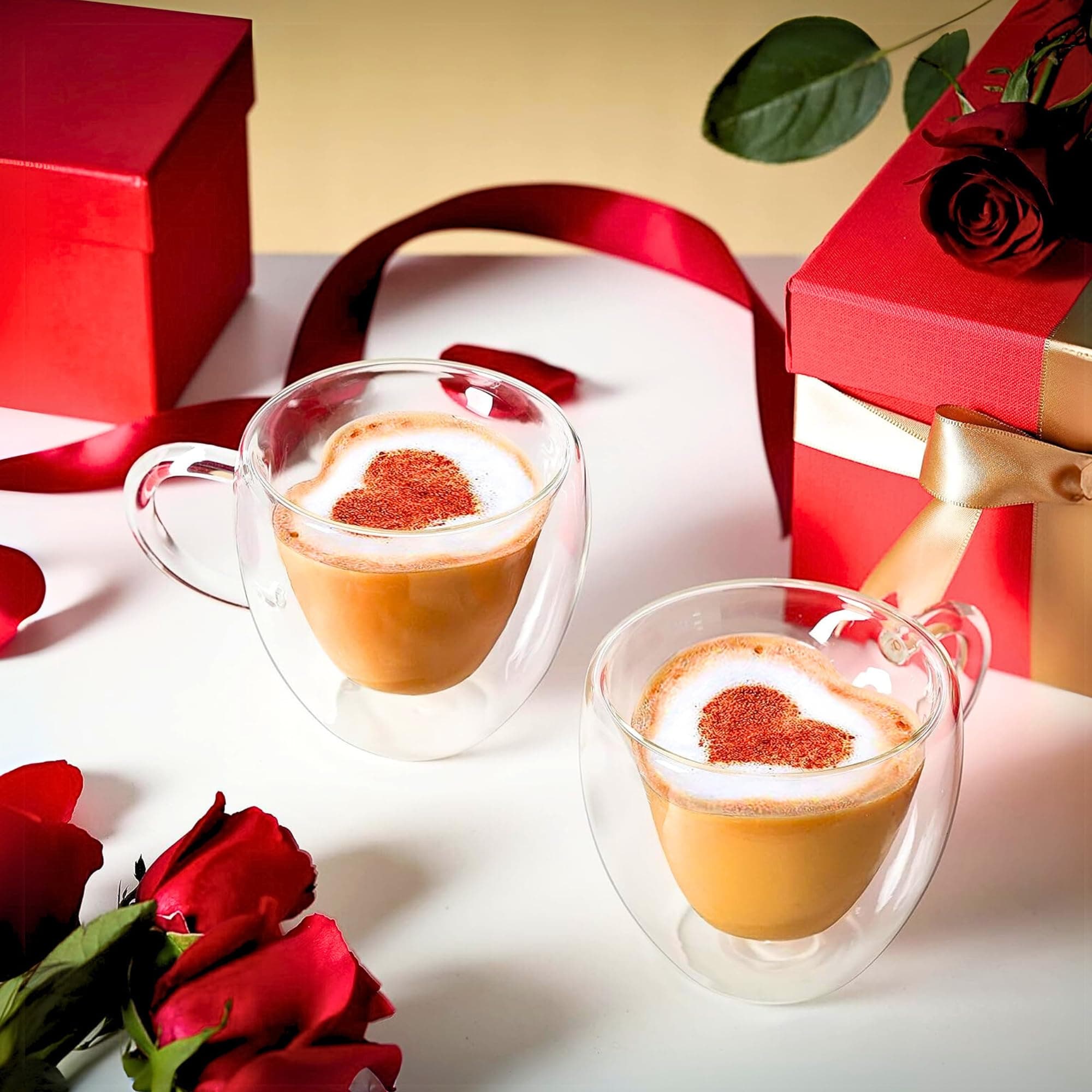 Heart Shaped Double Wall Glass Coffee Mug With Handle Set Of 2Pcs 180ML – Borosilicate Cup for Tea, Coffee, Espresso – Romantic Valentine's Day Present for Couples, Him & Her