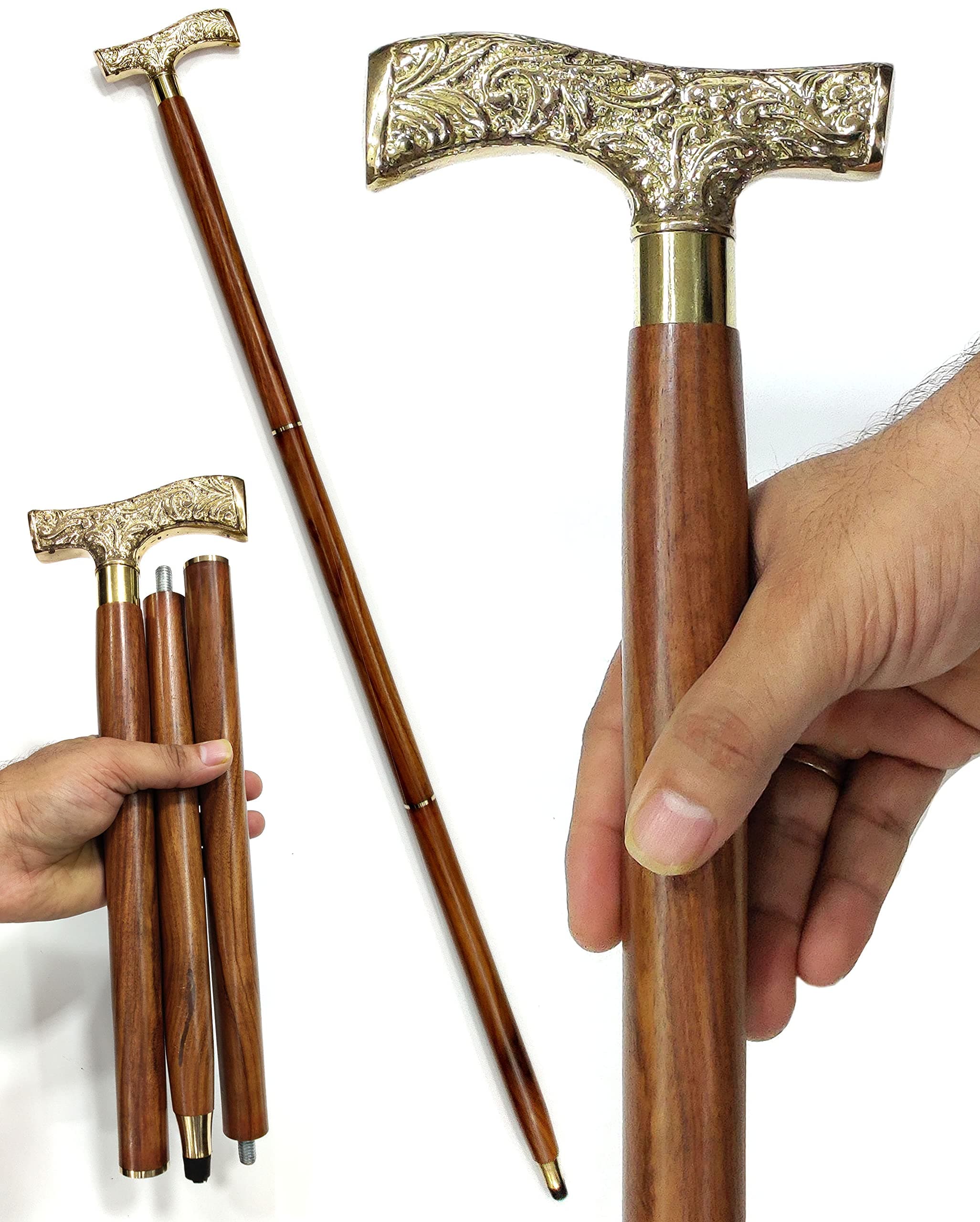 5MOONSUN5's Walking Stick - Men Derby Canes and Wooden Walking Stick for Men and Women - 37" Brown Ebony Brass Shape Handle in Golden Tone Natural Wood Unisex Cane