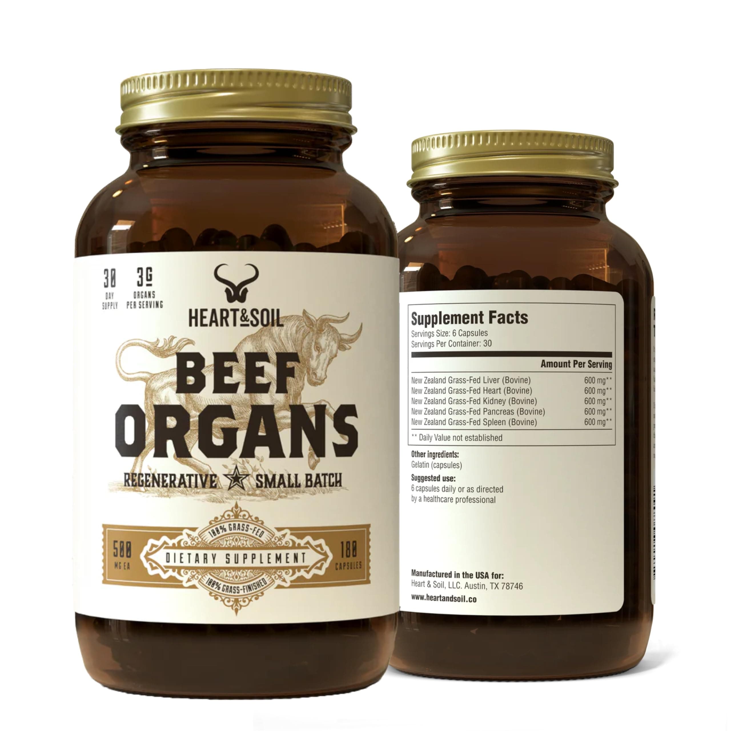 - 100% Grass Fed & Finished Beef Organs from Regenerative Cattle with Liver, Heart, Kidney, Pancreas & Spleen – 3000mg Beef Organ Supplement for Women & Men – Glass Bottle – 180 Capsules