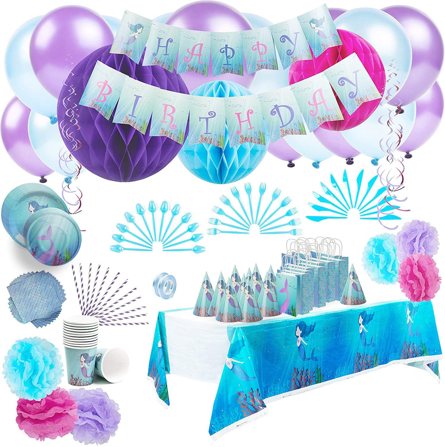 Farelot Mermaid Party Supplies Pack: Girls Mermaid Birthday Party Decorations - Deluxe 191 Piece Kit with Banner, Tablecloth, Plates, Cutlery, Gift Bags, Balloons, Party Hats and Decor - Serves 16