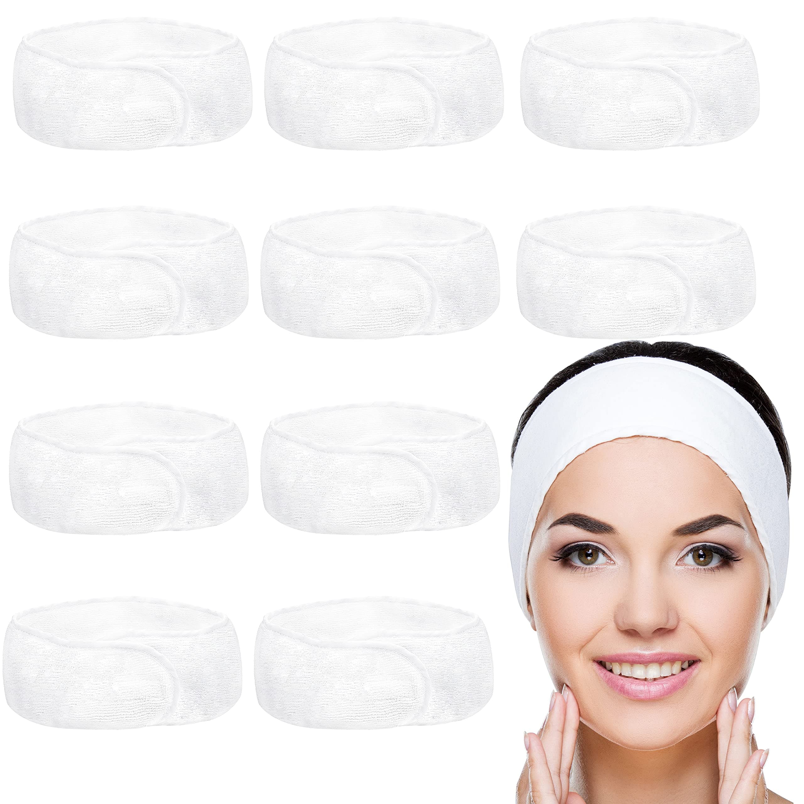 Belle Vous 10 Pack White Spa Facial Headbands - Makeup Wrap Headband - Adjustable Face and Shower Terry Cloth - Towel to Protect Hair and Head for Washing, Baths and Sport