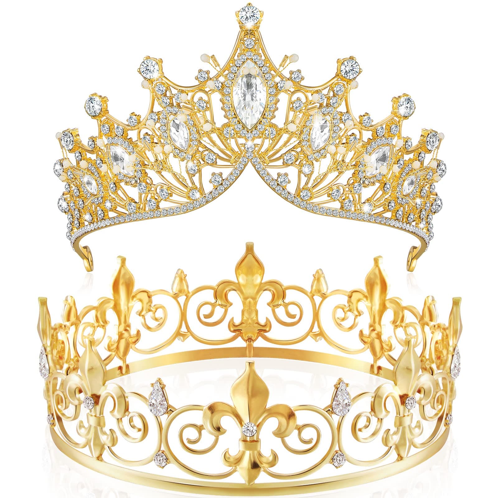 Junkin 2 Pcs Prom King and Queen Crowns for Men Women Valentine's Day Carnival Baroque Queen King Prince Tiara Princess Crystal Headband for Wedding Birthday Grad Rhinestone Prom Party(Gold)