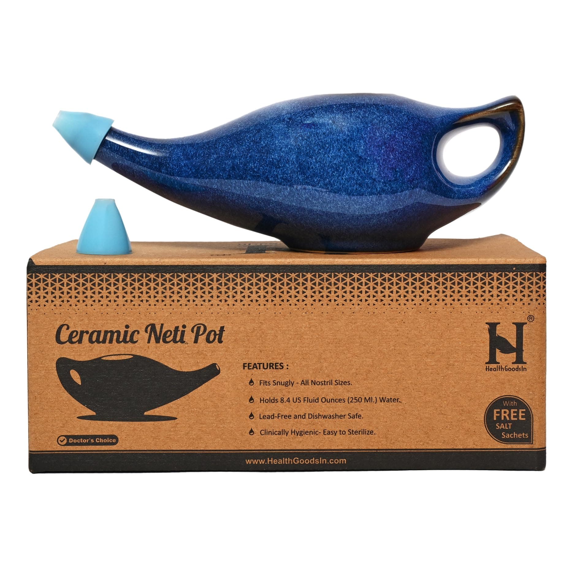 HealthGoodsIn Ceramic Neti Pot, Premium Handcrafted Durable, Dishwasher Safe with 2 Silicone Nozzle Tip, 225 Ml. (7.6 FL Oz) Capacity (Elegant Blue Gradient)
