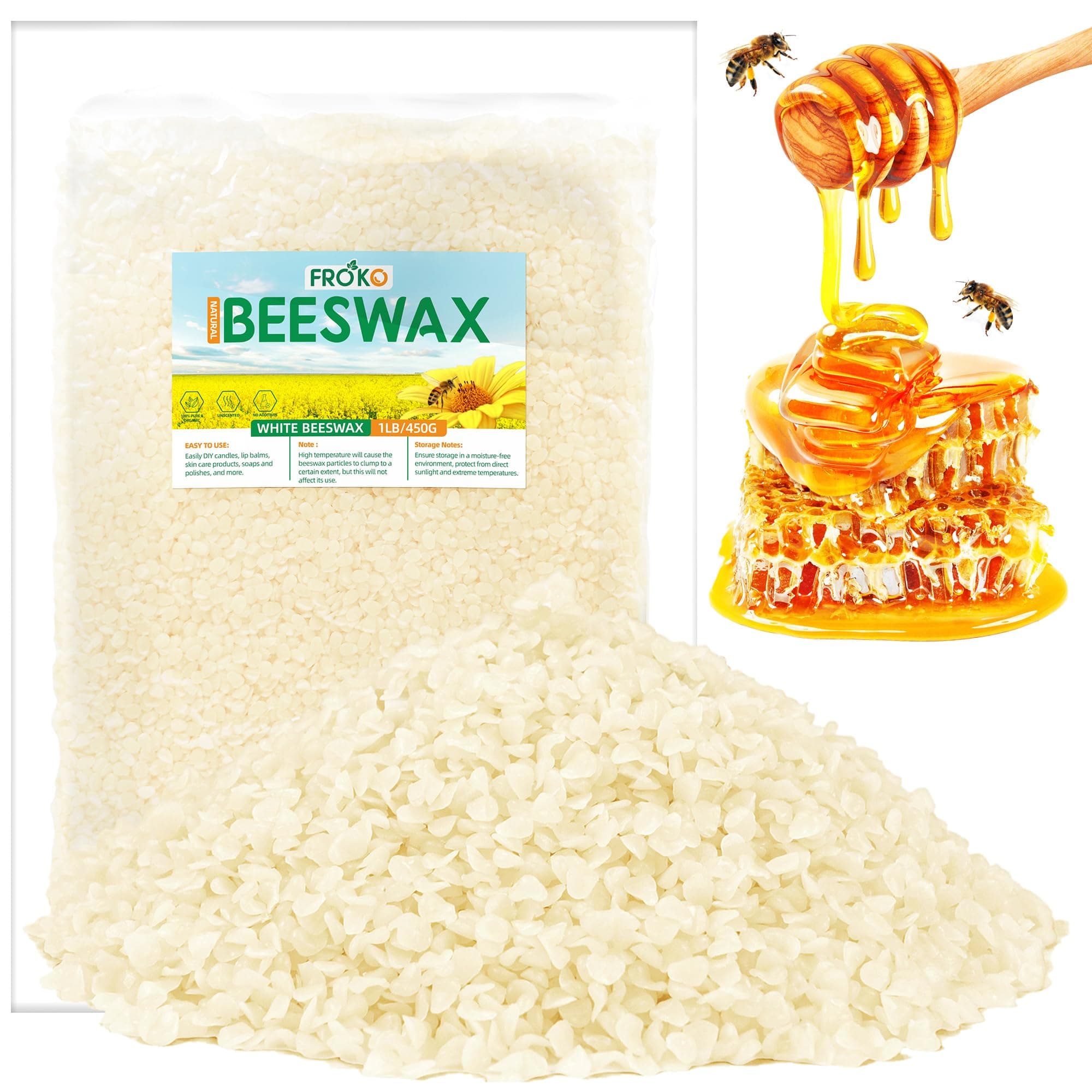 FROKO White Natural Beeswax Pellets 1LB, Organic Beeswax, Beeswax for Candle Making, Body, Skin Care DIY, Lip Balm, Soap and Lotion Making Supplies