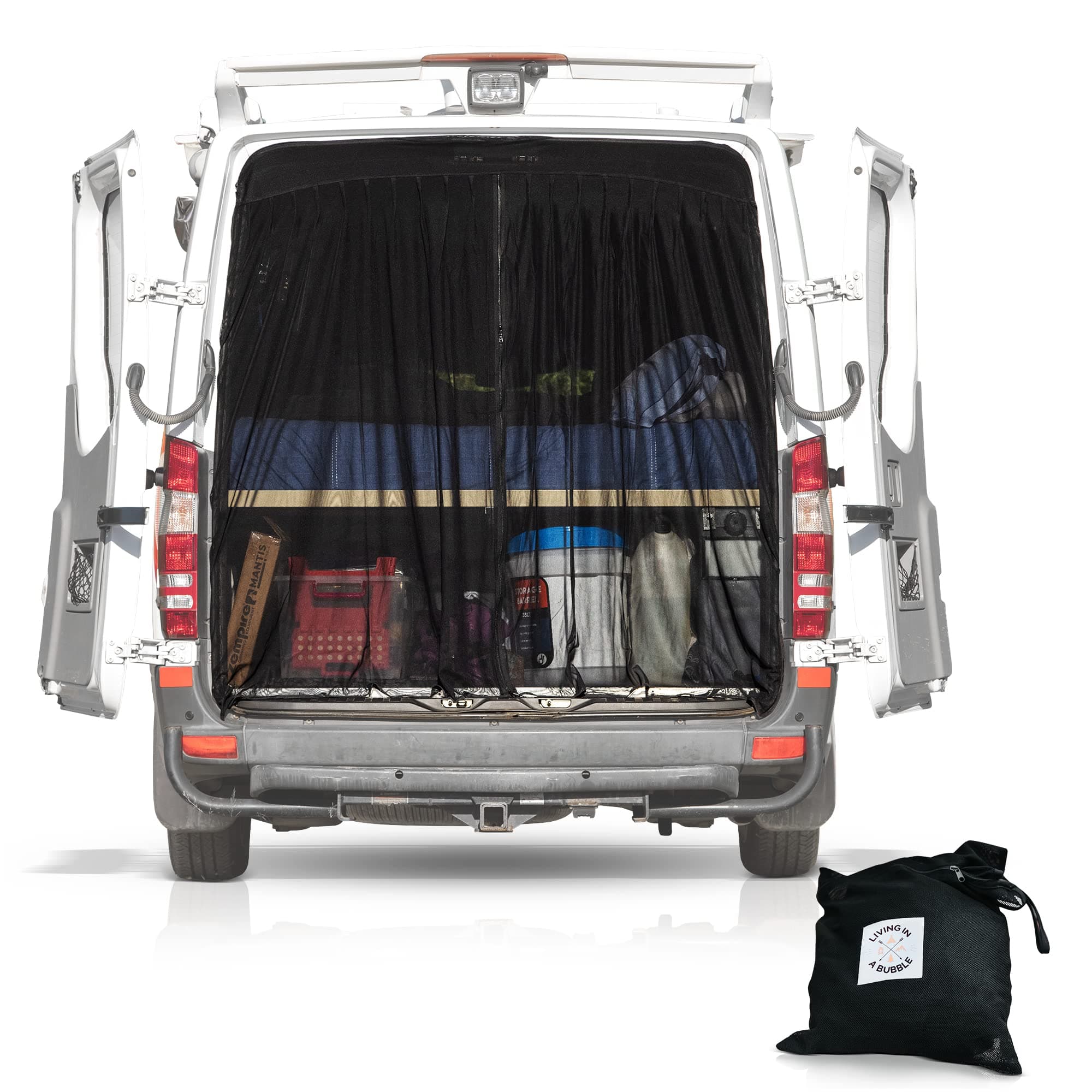 Living in a Bubble Van Bug Screen for Standard Roof Mercedes Benz Sprinter and Ford Transit, Universal Size Rear Door Flyscreen Mosquito Net, Center Zipper Closure