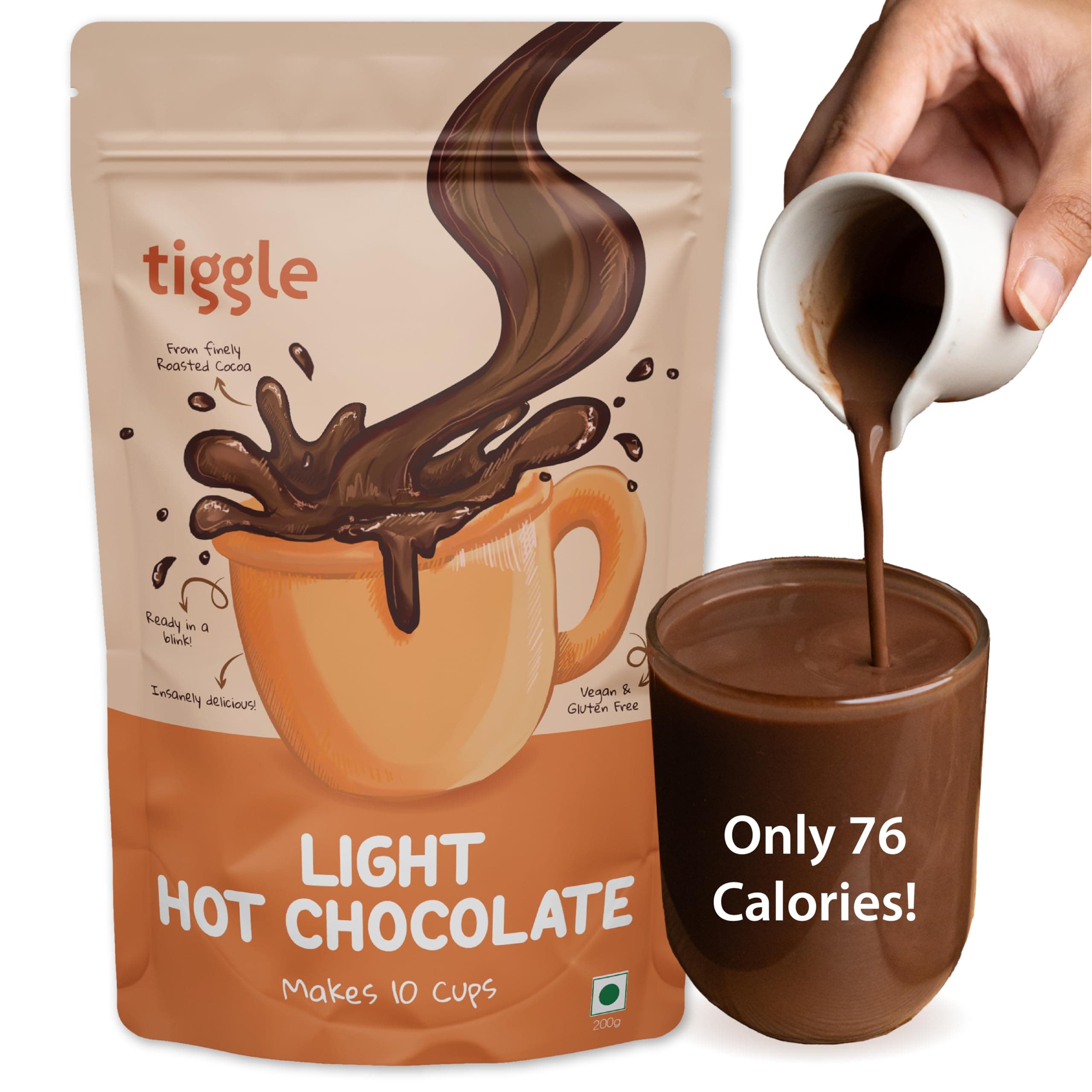 Tiggle Light Hot Chocolate Mix | 10 Cups Pack | Thick and Chocolatey | Enjoy Hot or Cold | 100% Natural & Vegan