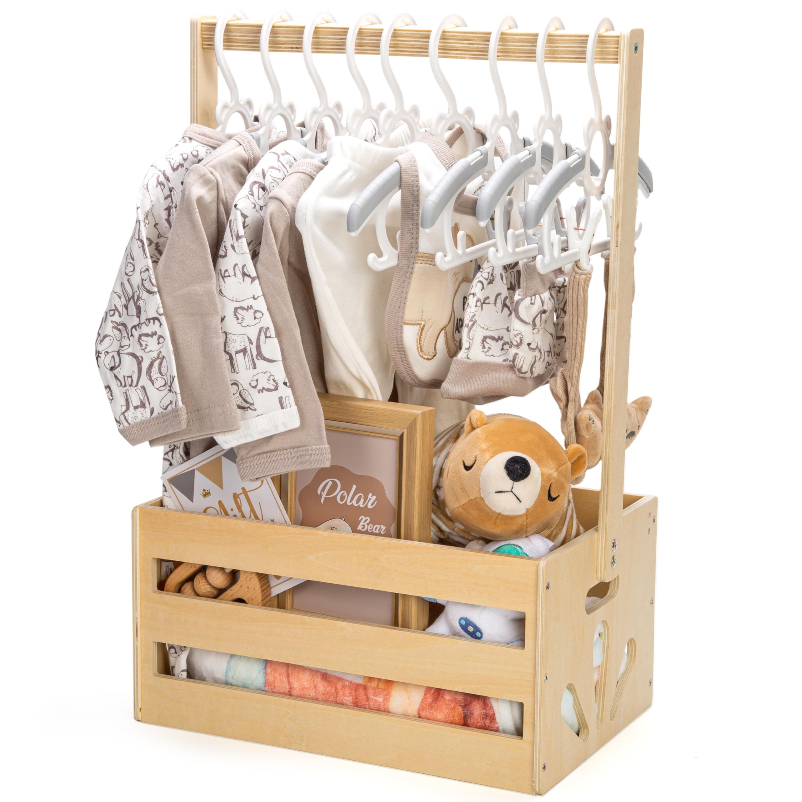 Wooden Baby Shower Crate Closet, Baby Storage Crate Hamper with Handle, Basket for Baby Shower Gifts, Welcome Gift Basket for Newborn Boys Girls, Pregnancy Gifts for New Parents