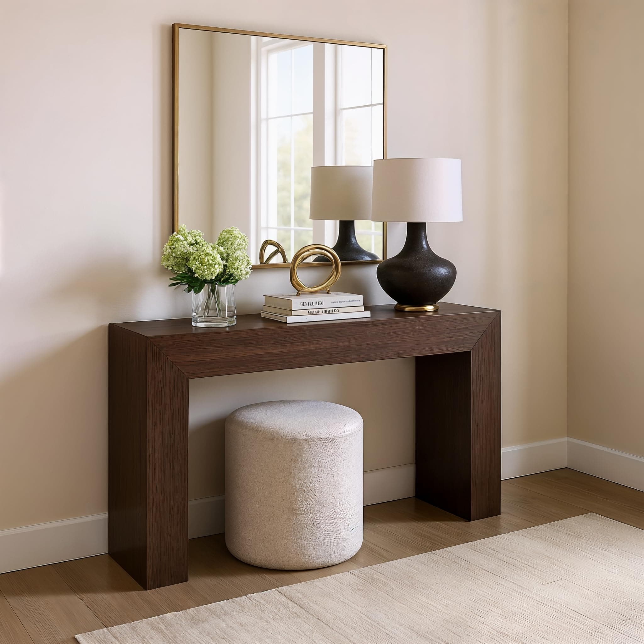 Plank+Beam Grand Console Table, 56 Inch Solid Wood Modern Sofa Table, Narrow Entryway Table for Hallway, Behind The Couch, Living Room, Foyer, Walnut Wirebrush