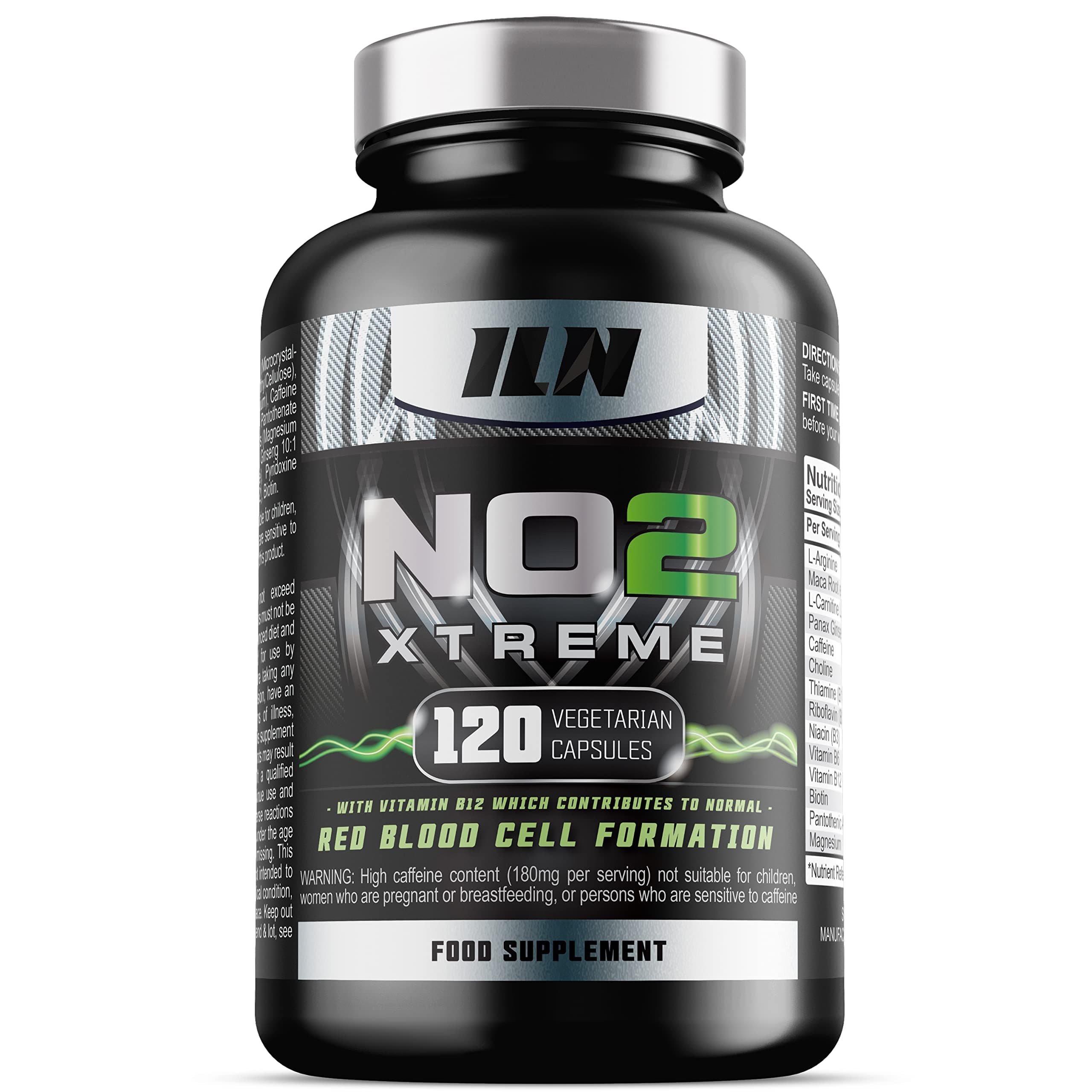 NO2 Xtreme - Nitric Oxide Supplement - Pump Pre Workout - L Arginine, Niacin, L Carnitine and Caffeine - Vegetarian & Vegan (120 Capsules)