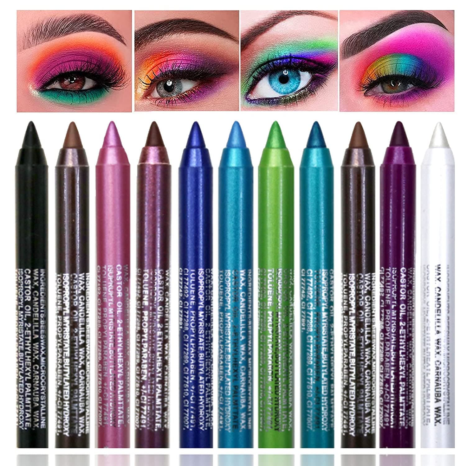 10 Color Eyeliner Pencil Set, Glitter Blue, Pearl Eye & Lip Liner, Waterproof Metallic Finish