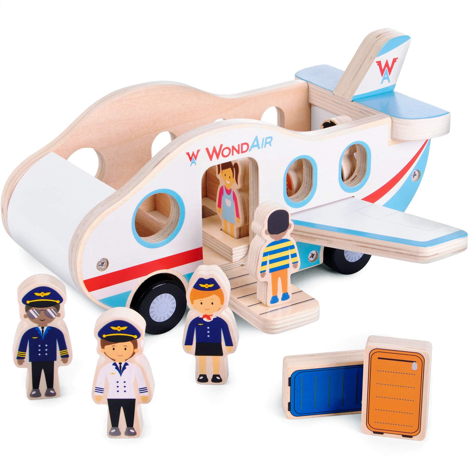 WondAir Passenger Jet Playset - Wooden Toy Airplane with 8 Figurines of Pilots, Crew, People, and Luggage Accessories - Push Along Vehicles, Open Ended Play for Toddler, Babies, Boys and Girls