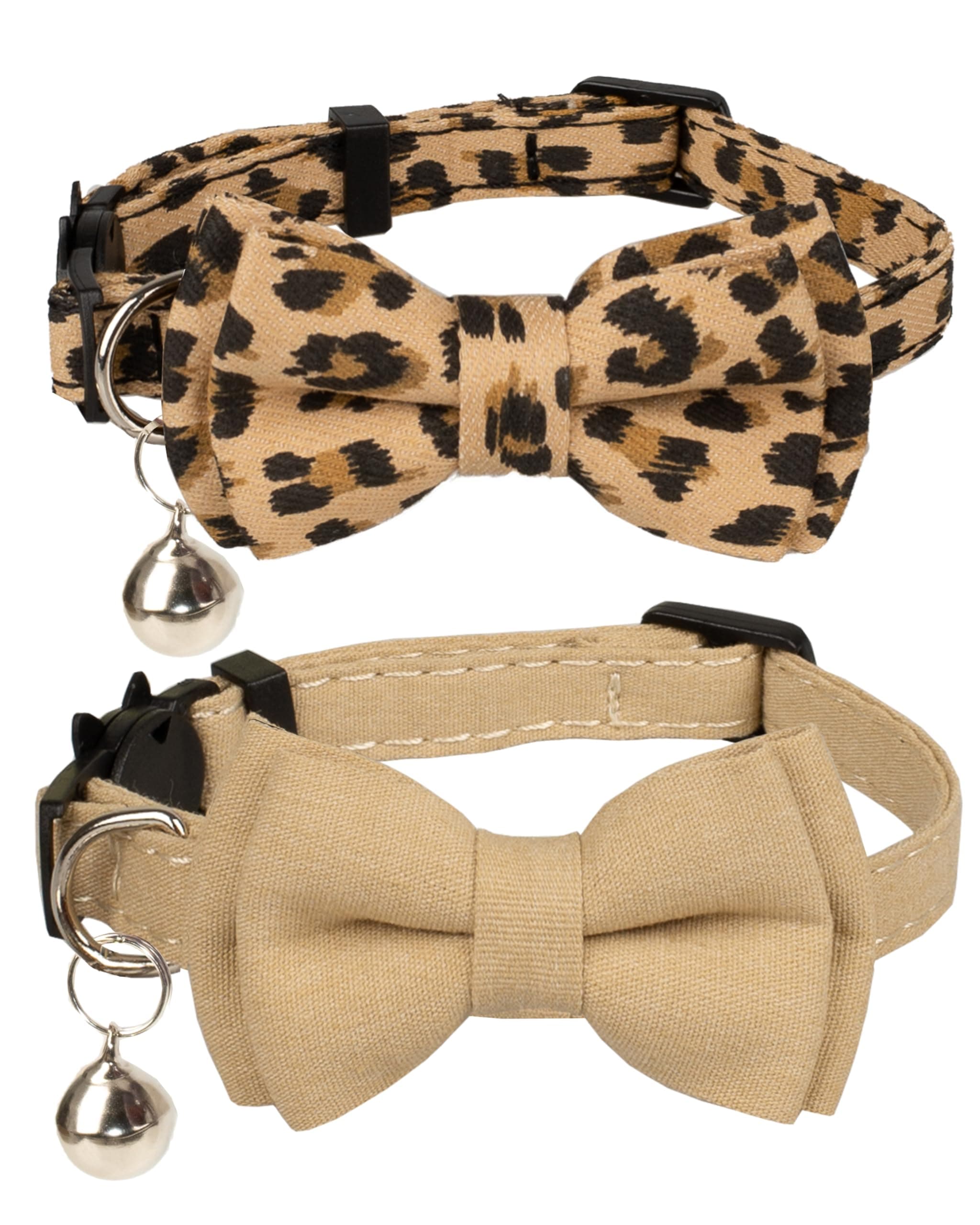 GyapetCollar for Cat Pet Breakaway with Bell Bowtie Detachable Bow Adjustable Safety Kitten Puppy Girl Boy 2pcs Beige Leopard & Pure