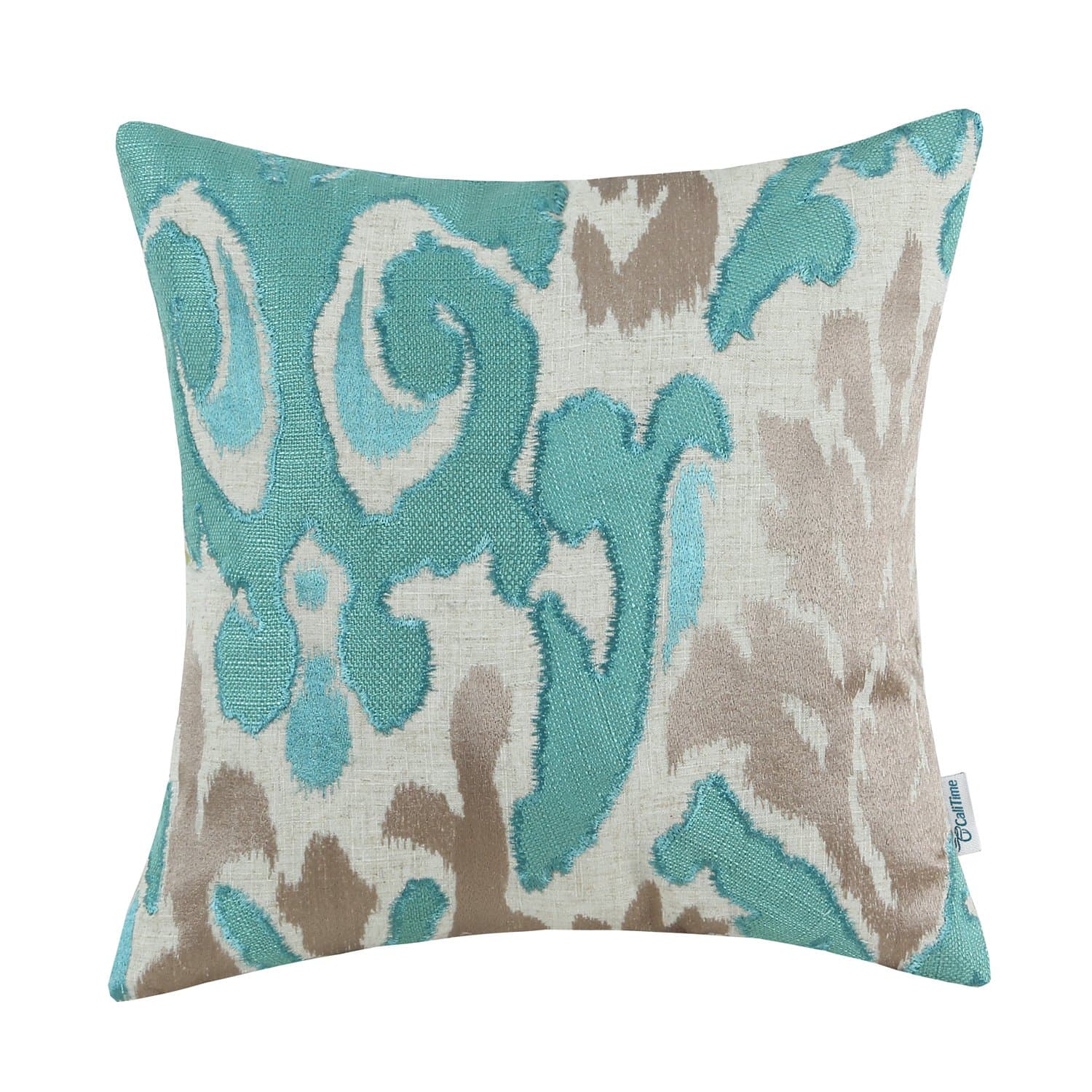 CaliTime High Class Throw Pillow Cover Case for Couch Sofa Home Decoration Vintage Ikat Style Applique Embroidered 16 X 16 Inches Teal & Light Taupe