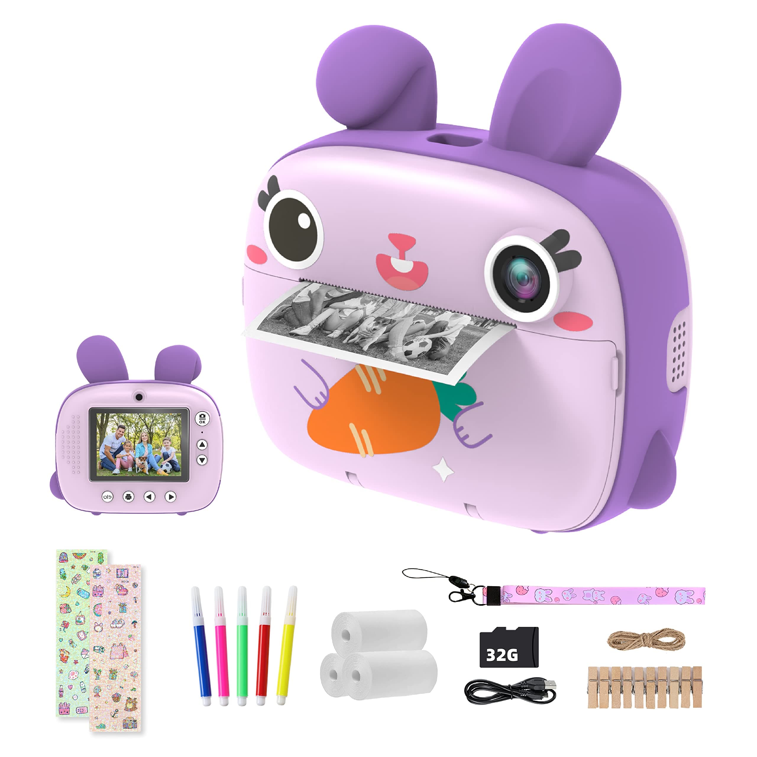 CAMCLID Instant Camera for Kids, 1080P Kids Camera Instant Print with Print Paper & 32G SD Card, Selfie Digital Video with 2.4” Screen, Ideal Toy Gift for Girls Boys 3-12 (Purple)