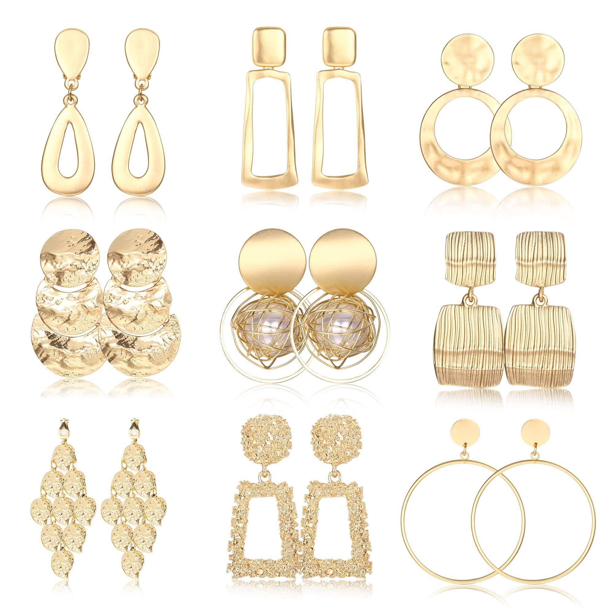 Subiceto9 Pairs Clip on Earrings for Women Statement Clip On Earrings 14K Gold Plated Large Geometric Clip Earrings Square Rectangle Round Clip Dangle Earrings Non Pierced Earrings Set