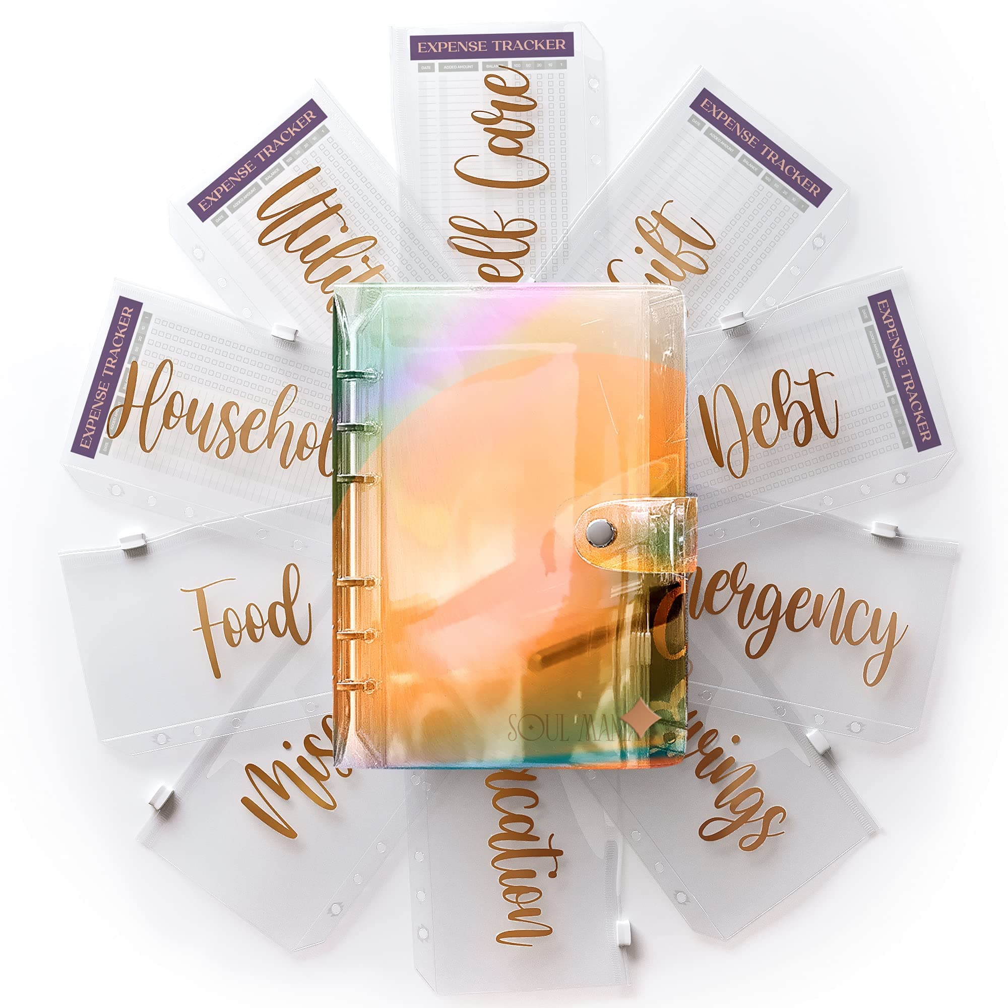 SOUL MAMAA6 Unicorn Budget Binder with Cash Envelopes, PVC Money Organizer for Cash, 10 Gold Vinyl Printed Stickers Money Envelopes for Cash Budgeting, 6 Rings Mini Pocket Money Saving Planner