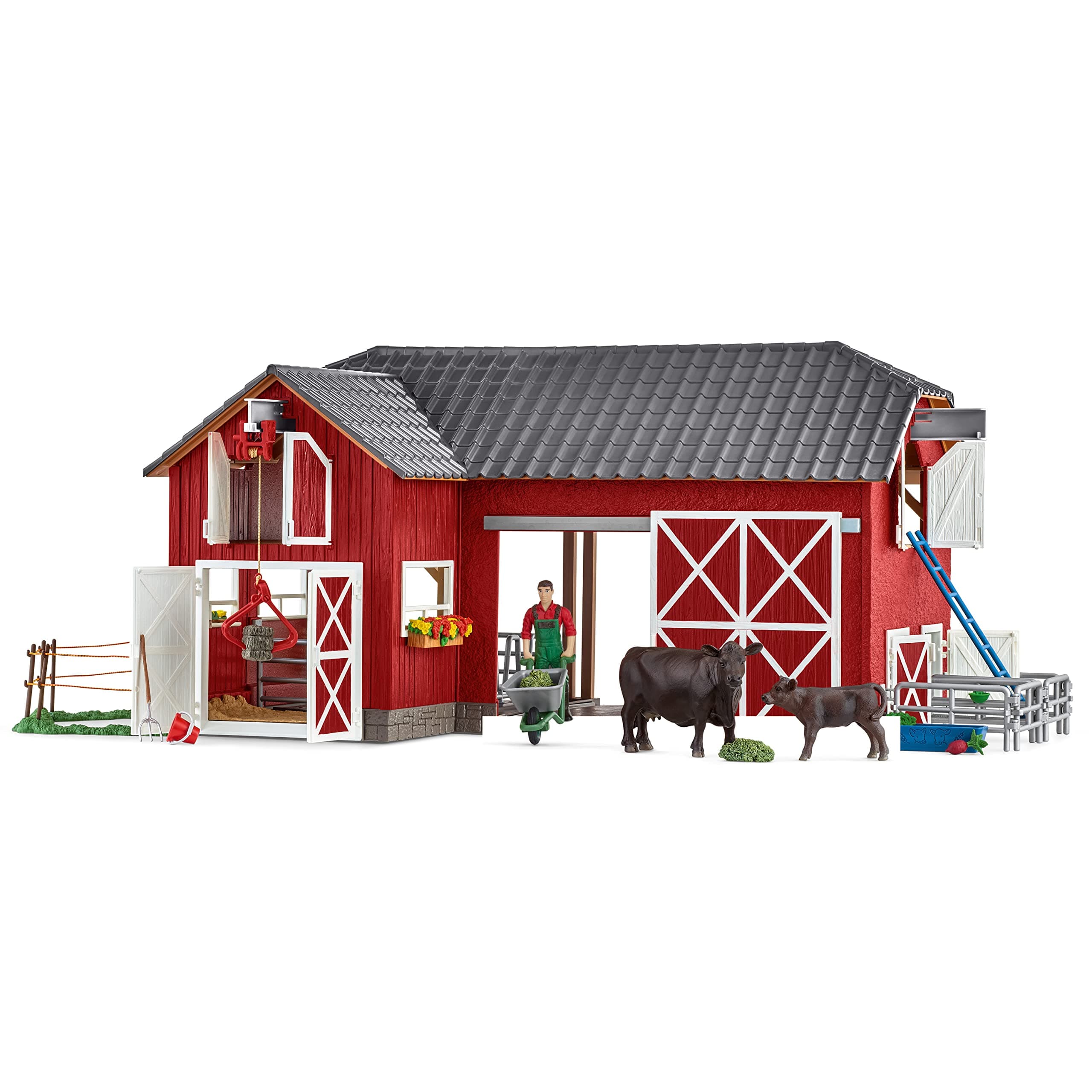 Schleich Farm Animal Toys and Playsets - Farm World Red Barn Set with Black Angus Cow Figurines, Farmer Action Figure and Farming Accessories