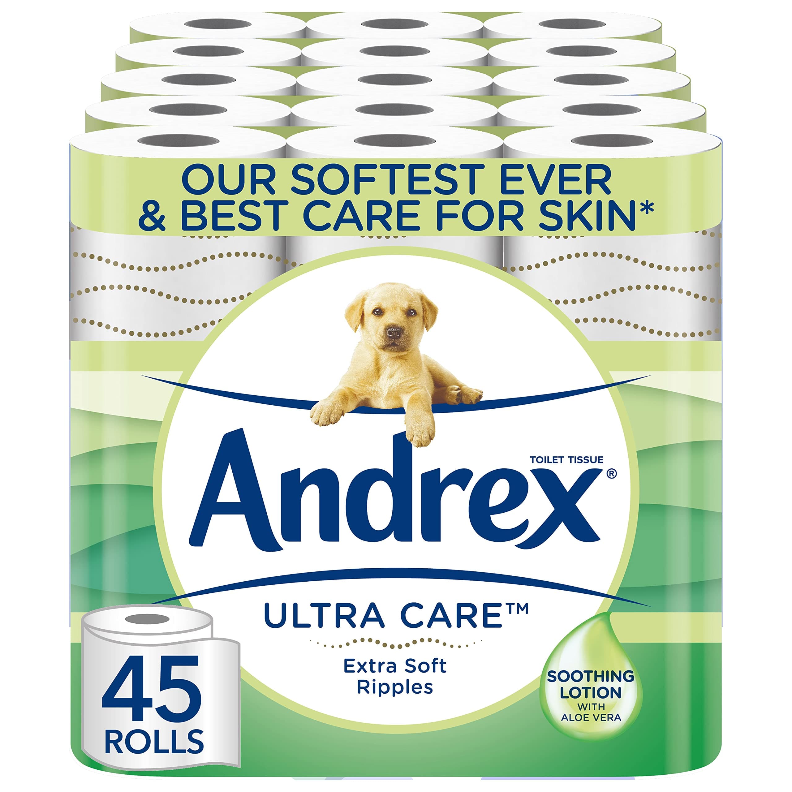 Andrex Ultra Care Toilet Paper - 45 Toilet Roll Pack - contains soothing lotion with Aloe Vera for our best care for skin - Dermatologically Tested