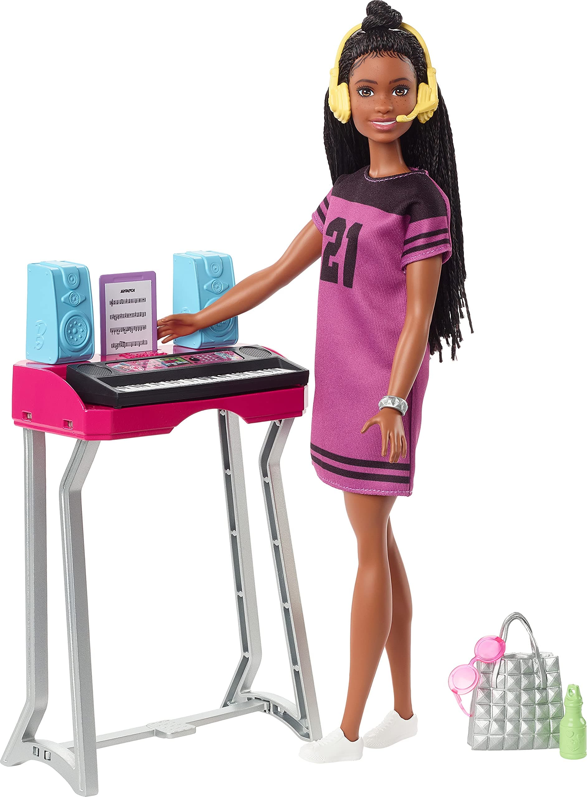 Big City, Big Dreams Brooklyn” Roberts Doll (11.5-in, Brunette with Braids) & Music Studio Playset with Keyboard & Accessories, Gift for 3 to 7 Year Olds
