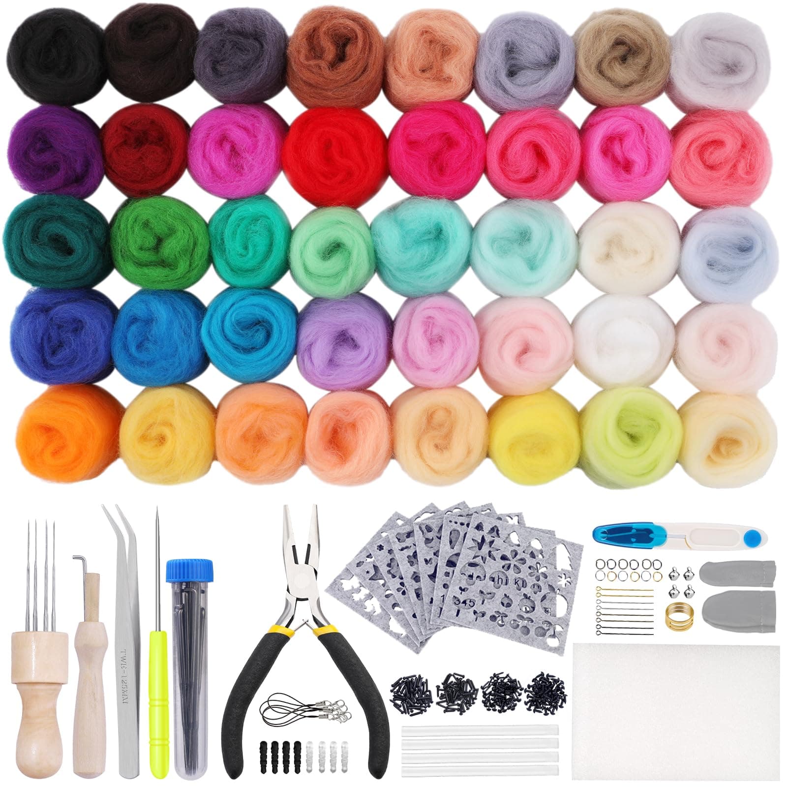 JUAYING 341 Pcs Needle Felting Kit, 40 Colours Wool Roving, 24 Pcs Felting Needles, Hand Spinning DIY Craft