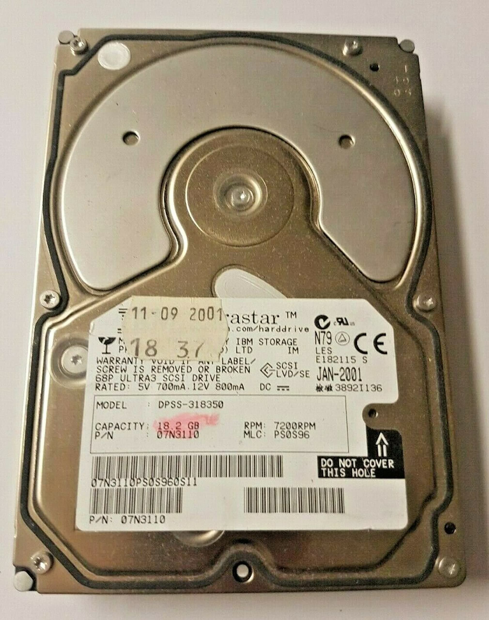 18.2 GB DPSS-318350 PN 07N3110 7200rpm Ultra3 SCSI 68pin HDD 3.5" Hard Drive