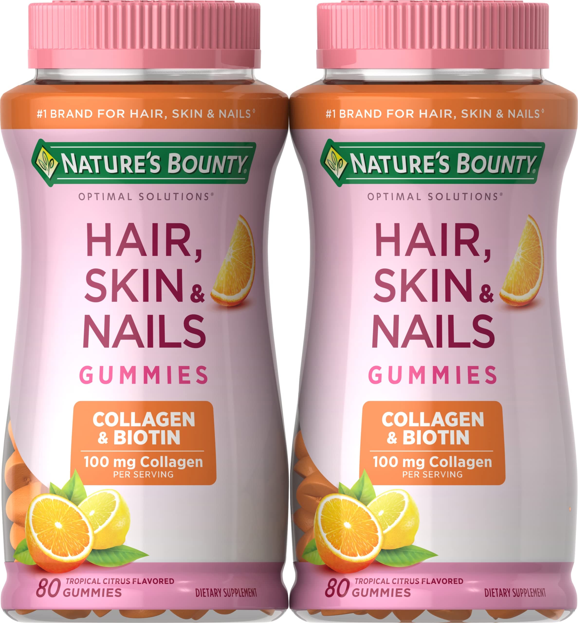 Nature's Bounty Hair, Skin & Nails with Biotin and Collagen, Citrus-Flavored Gummies Vitamin Supplement, Supports Hair, Skin, and Nail Health for Women, 2500 mcg, 80 Ct (2 Pack), 80 Total Servings