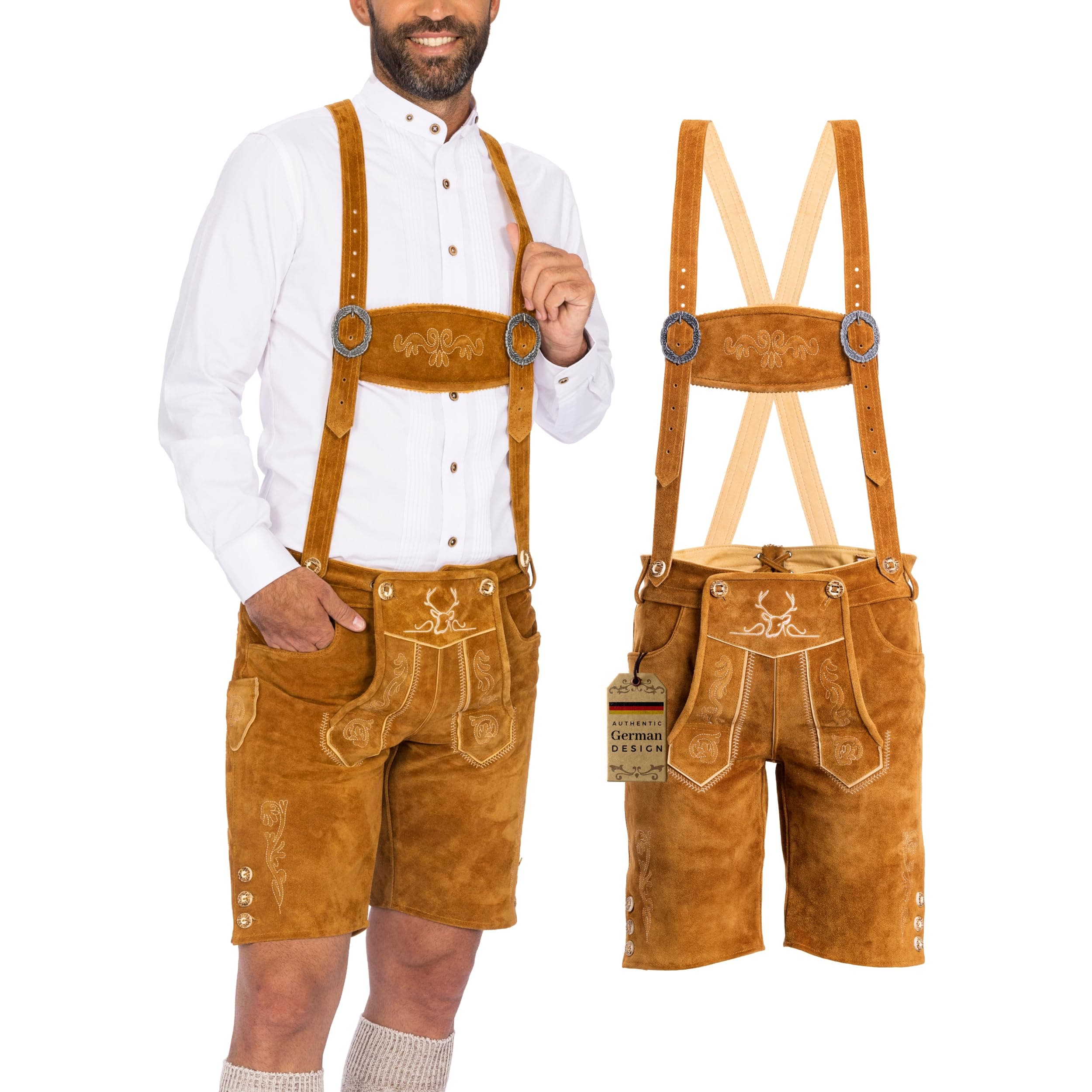 BAVARIA TRACHTENLederhosen Men - Genuine Leather Authentic German Lederhosen for Men, Oktoberfest Outfit - Short Light Brown