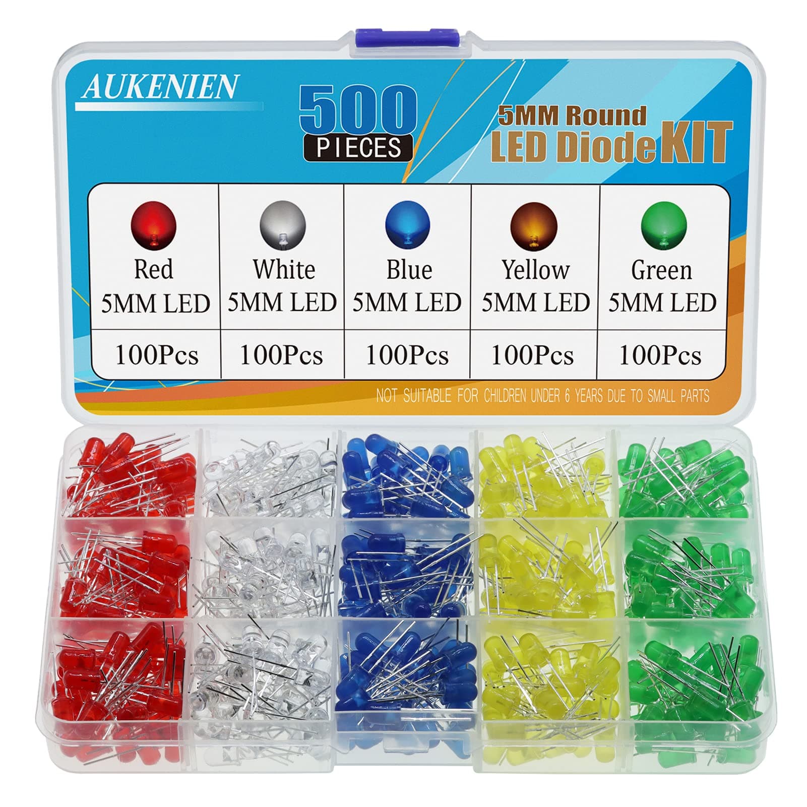 500pcs 5MM LED Diodes Light Emitting Diode Assortment Kit 5 Colors Red Blue Yellow Green White Round LED Lighting Bulb Lamp Components for Electronics