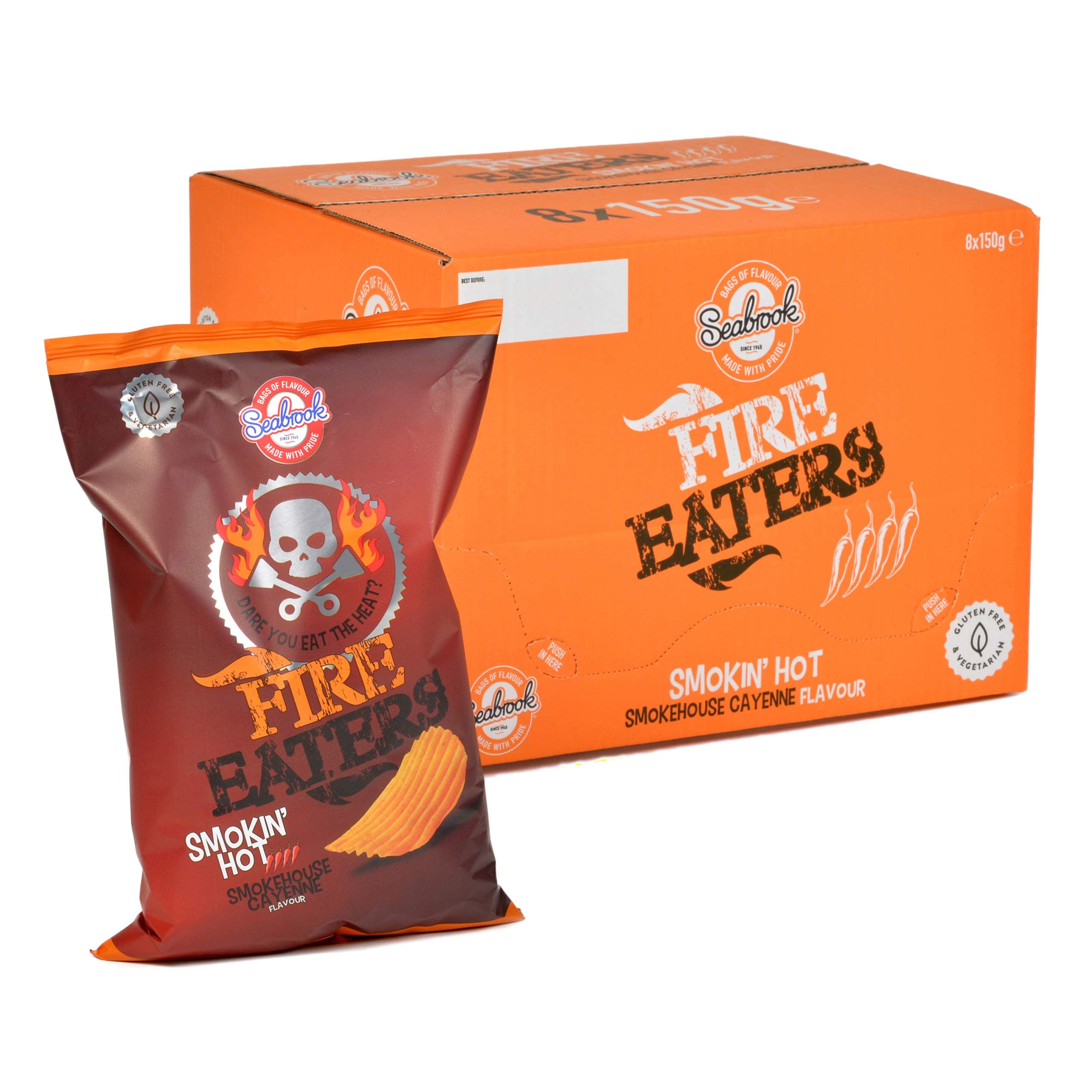 Seabrook Fire Eaters Smokin' Hot Smokehouse Cayenne Flavour Box of 8 Sharing Size Bags