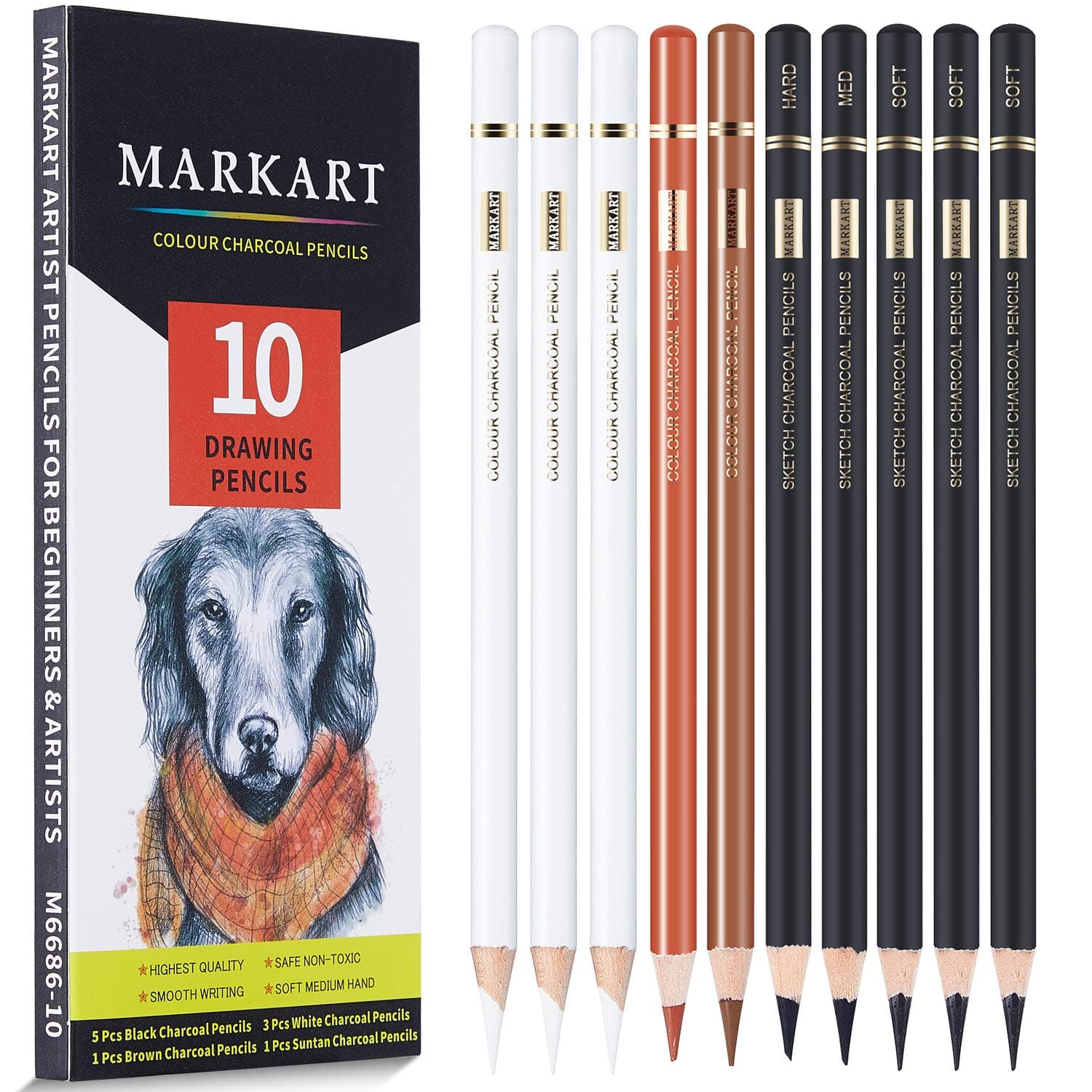 Professional Charcoal Pencils Drawing Set - MARKART 10 Pieces Colour Charcoal Pencils for Drawing, Sketching, Shading, Blending, Sketch Highlight White Pencils for Beginners & Artists