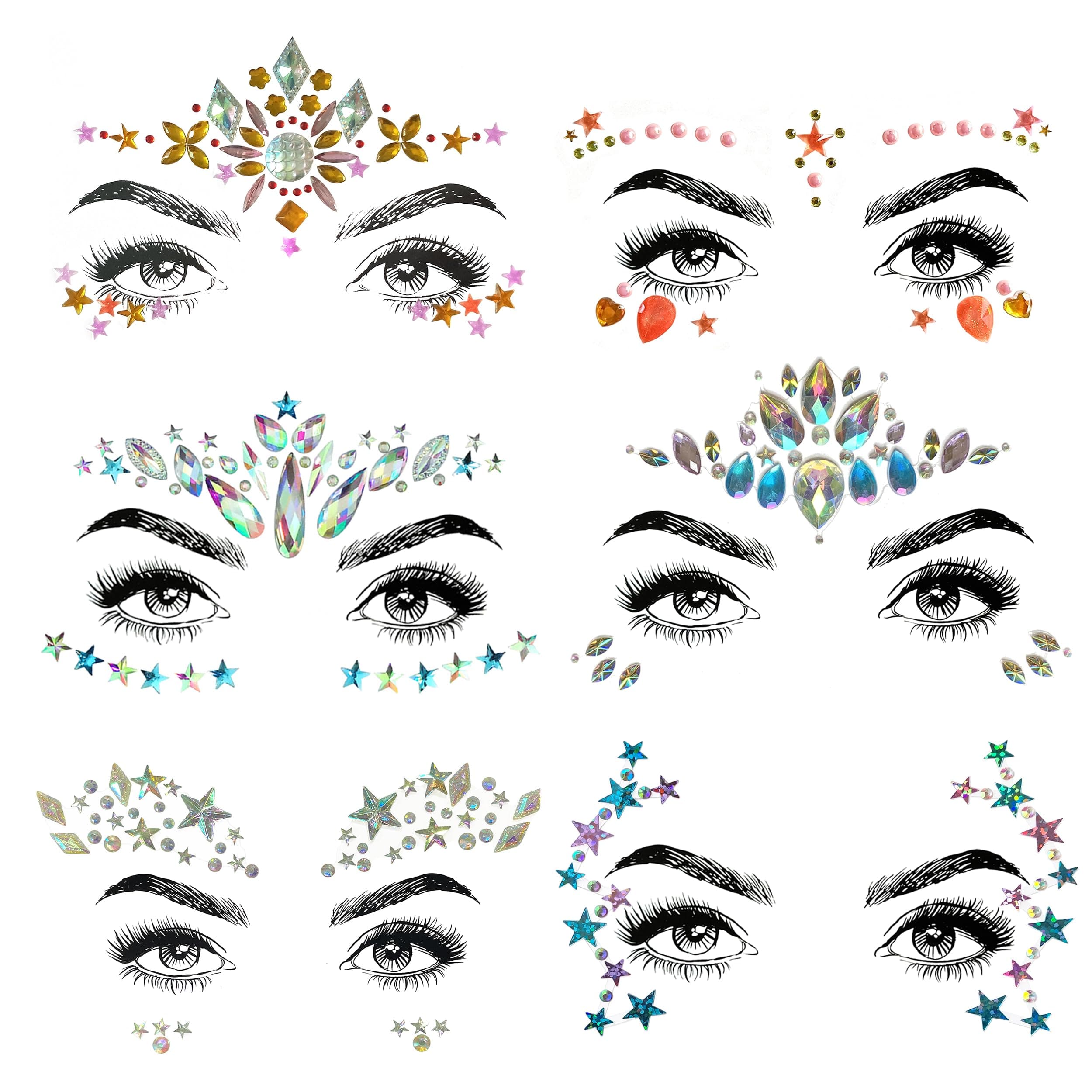 6 Pcs Gemstone Face Stickers for Music Festival Holiday Party, Rhinestone Face decal for Halloween Christmas, Face Glitter Sticker Temporary Tattoo for Birthday Carnival